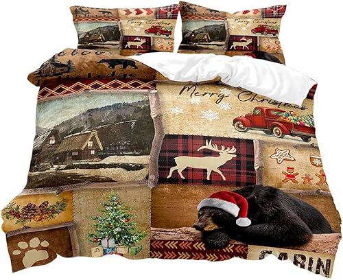 Miniatura 1 de LUVIVIHOME Juego de funda de edredón de 3 piezas de Navidad, tamaño Queen, ropa de cama rústica de cabaña de granja, oso negro con sombrero de Papá