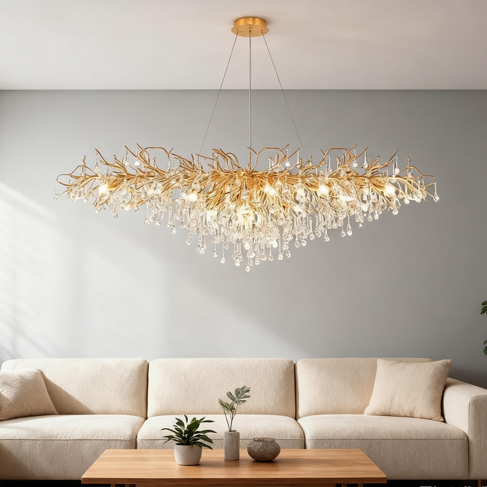 KXEcoLife Modern Crystal Chandelier Luxury Tree Branch Pendant Lighting Contemporary Large Rectangular Chandeliers for Dining Room Kitchen Bedroom Living Room, L120cm