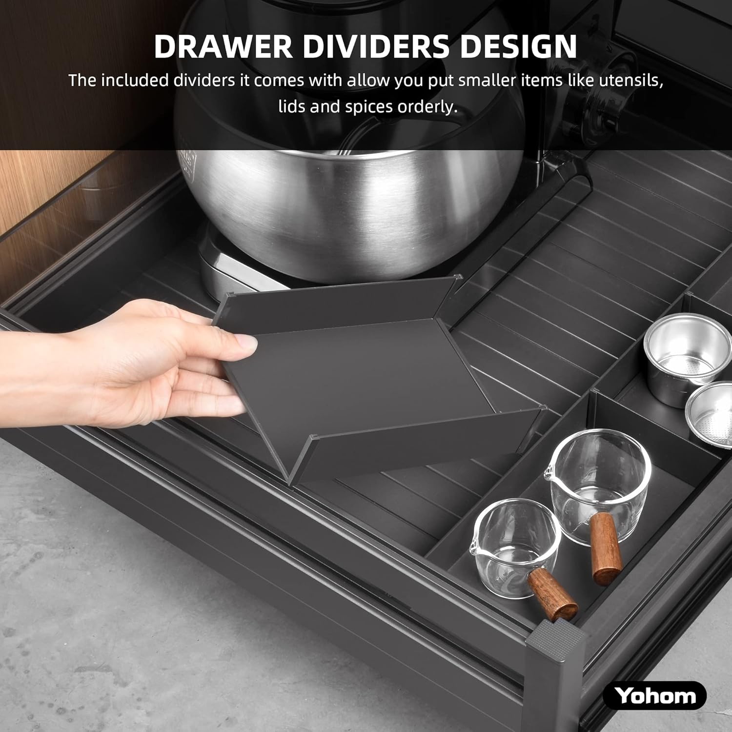 YOHOM Pull Out Cabinet Organizer – 20" W x 21" D Aluminum & Glass Drawer Organizer with Removable Dividers, Heavy Duty Pull Out Shelf for Kitchen Cabinets, Sliding Storage Tray, DIY Single Tier