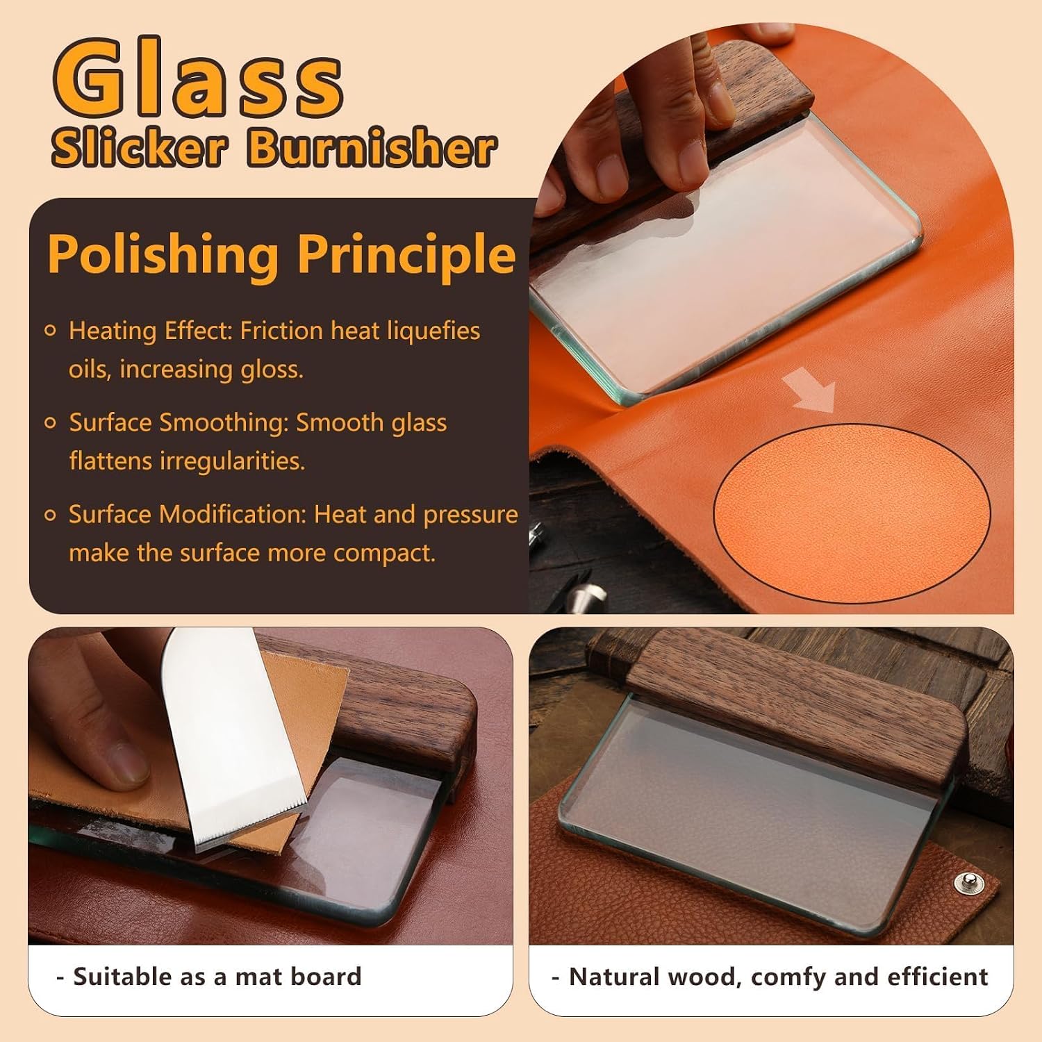 CBHGFEA Glass Slicker for Burnishing Leather with Walnut Handle Glass Leather Edge Burnisher Professional Block Smoothing Tool for Smooth Leather Crafting