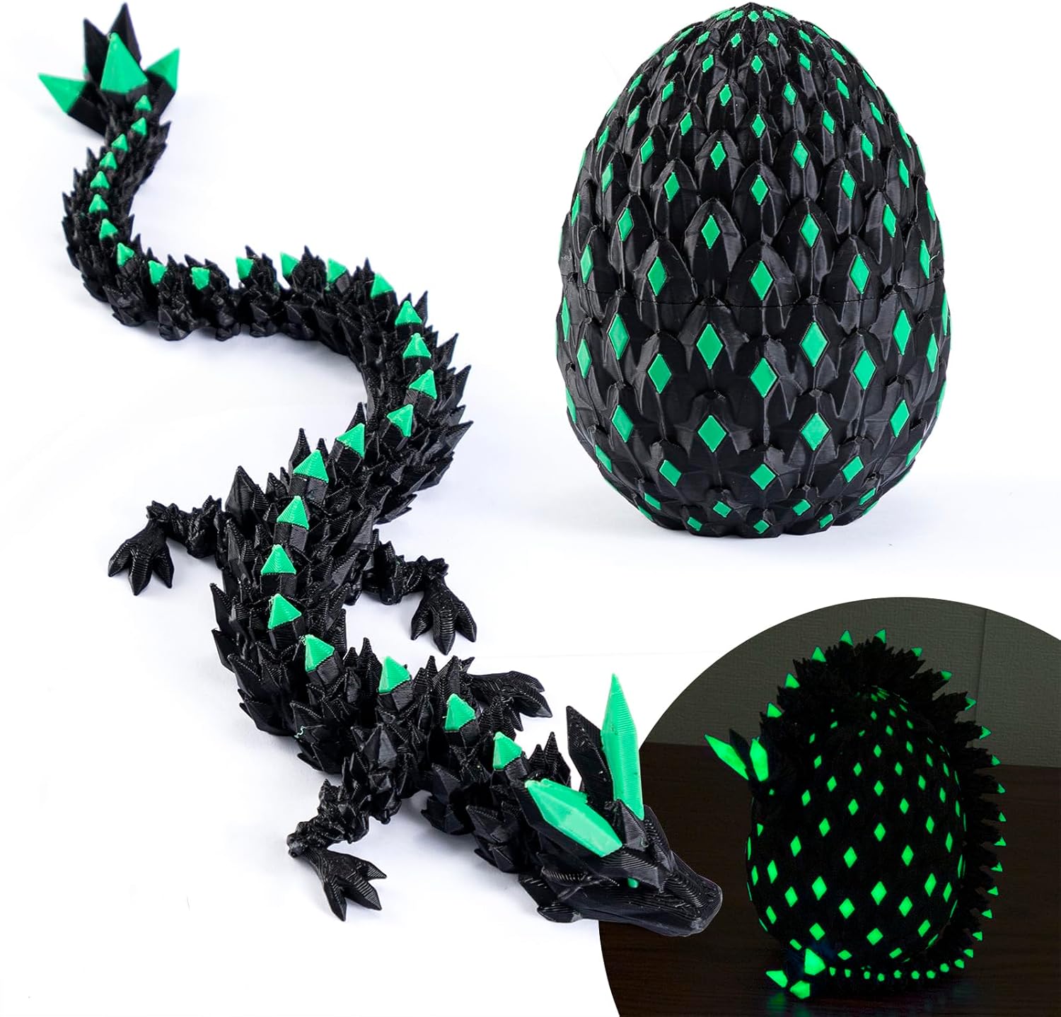 11.81"3D Printed Mystery Dragon Egg - Glow in the Dark Articulated Flexible Dragon Fidget Toy with USB UV Flashlight, Sensory Toy for Kids 4+ Years, Birthday Gift, Cool Home Decor for Boys & Girls