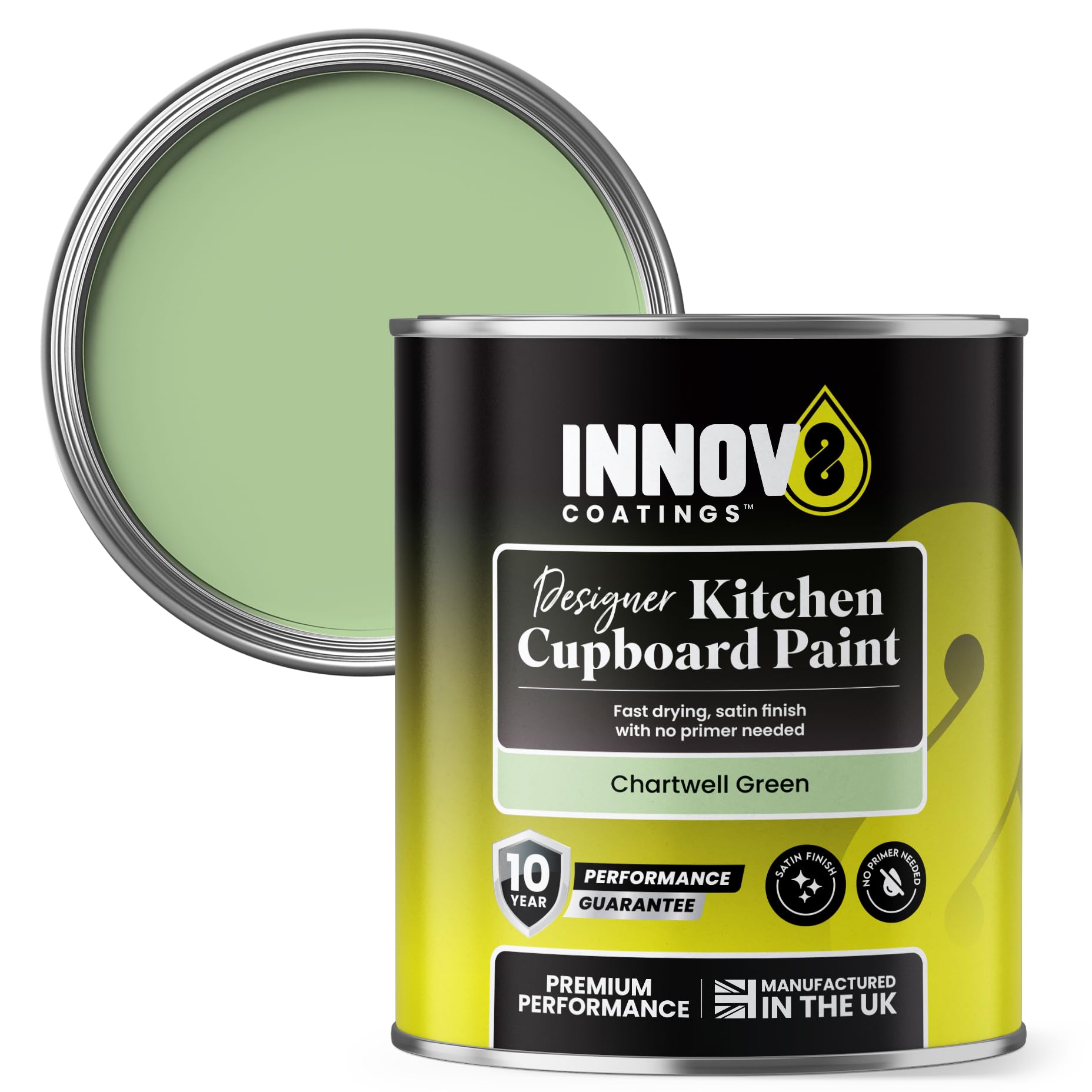 INNOV8 COATINGS DESIGNER KITCHEN CUPBOARD PAINT - DIY - NO PRIMER OR TOP COAT - SATIN Finish - 750 ml - Chartwell Green - Fast Dry - CABINET, FURNITURE, WOOD, MDF, PLASTIC & METAL