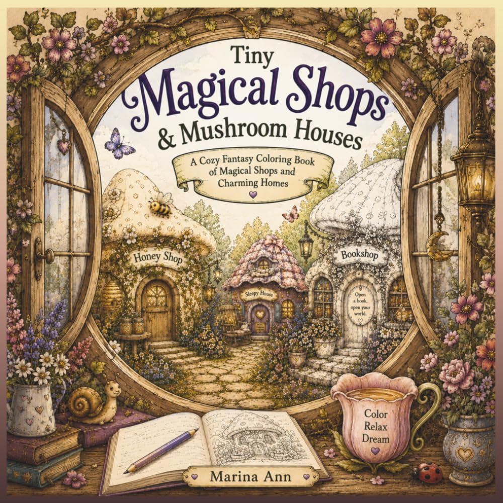 Tiny Magical Shops & Mushroom Houses: A Cozy Fantasy Coloring Book of Magical Shops and Charming Homes