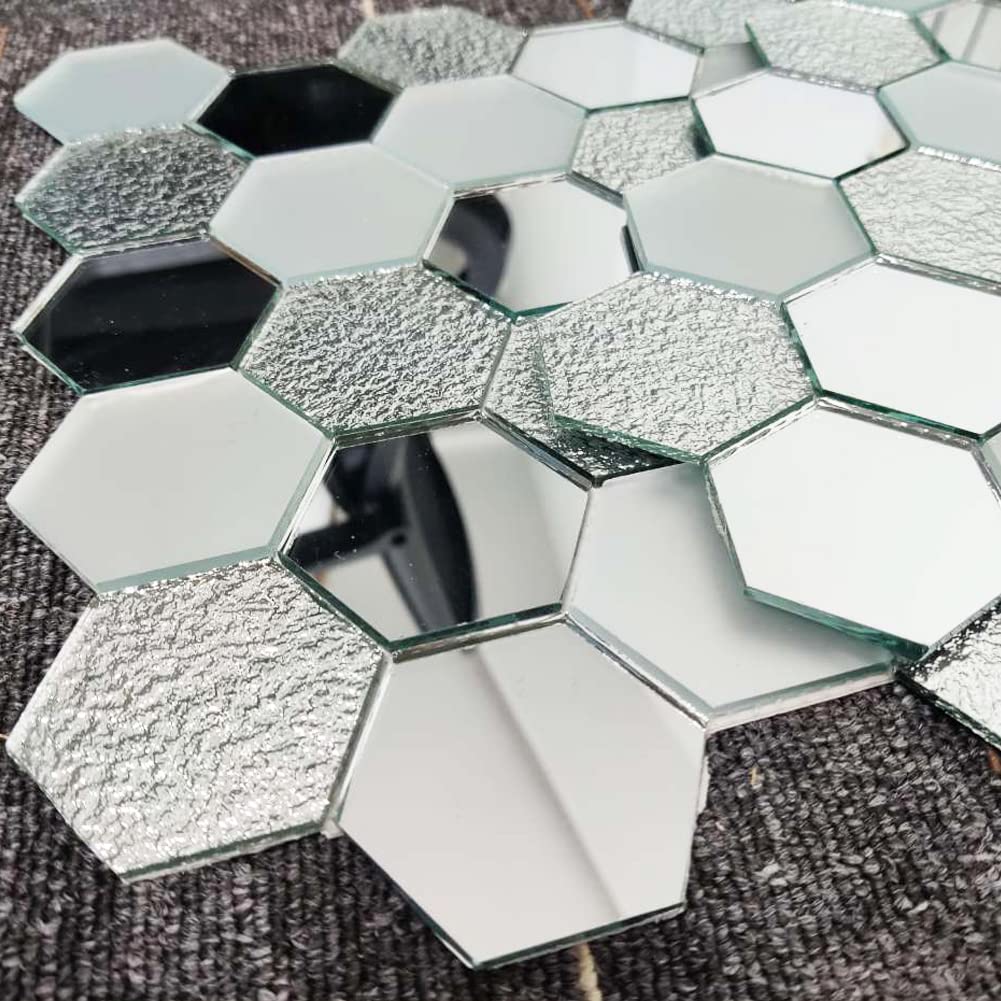 Diflart Mirror Glass Hexagon Mosaic Tile Peel and Stick Silver Crystal Diamond Backsplash for Kitchen Bathroom Wall Pack of 6 Sheets