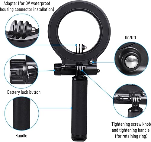 Miniatura 5 de Luz de relleno de buceo LED, luz impermeable de 131.2 ft con mango, iluminación de fotografía LED subacuática, batería incorporada de 1500 mAh,