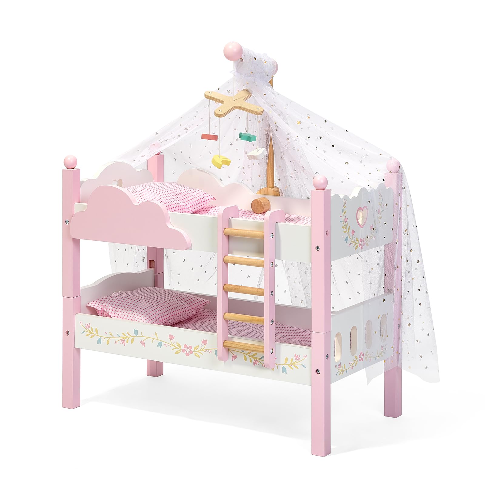 OOOK Puppen‑Etagenbett Holz mit Puppenzubehör, Puppenbett für 45cm Puppen