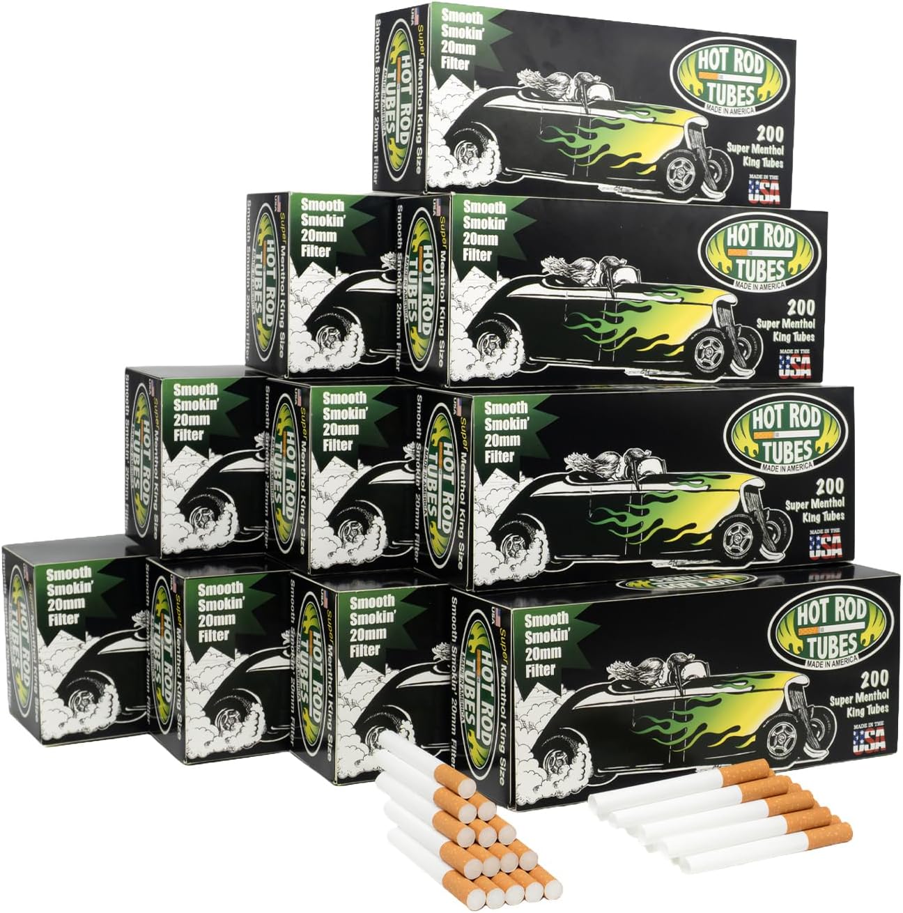 HotRod Cigarette Tubes Super Menthol 2000 Count King – 10 Boxes – 20mm Extra Smooth Double Filter – Made in USA – Fits Most Injector Machines (King, Super Menthol)