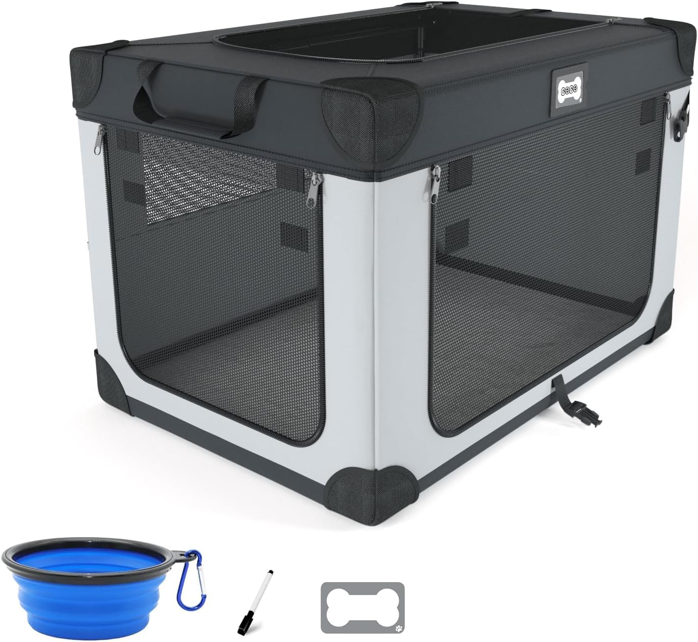 Photo 1 of 42 Inch Collapsible Soft Dog Crate for Extra Large Dogs, 3-Door Foldable Travel Dog Kennel with Durable Mesh Windows for Indoor & Outdoor, with Warm Blanket and Foldable Bowl