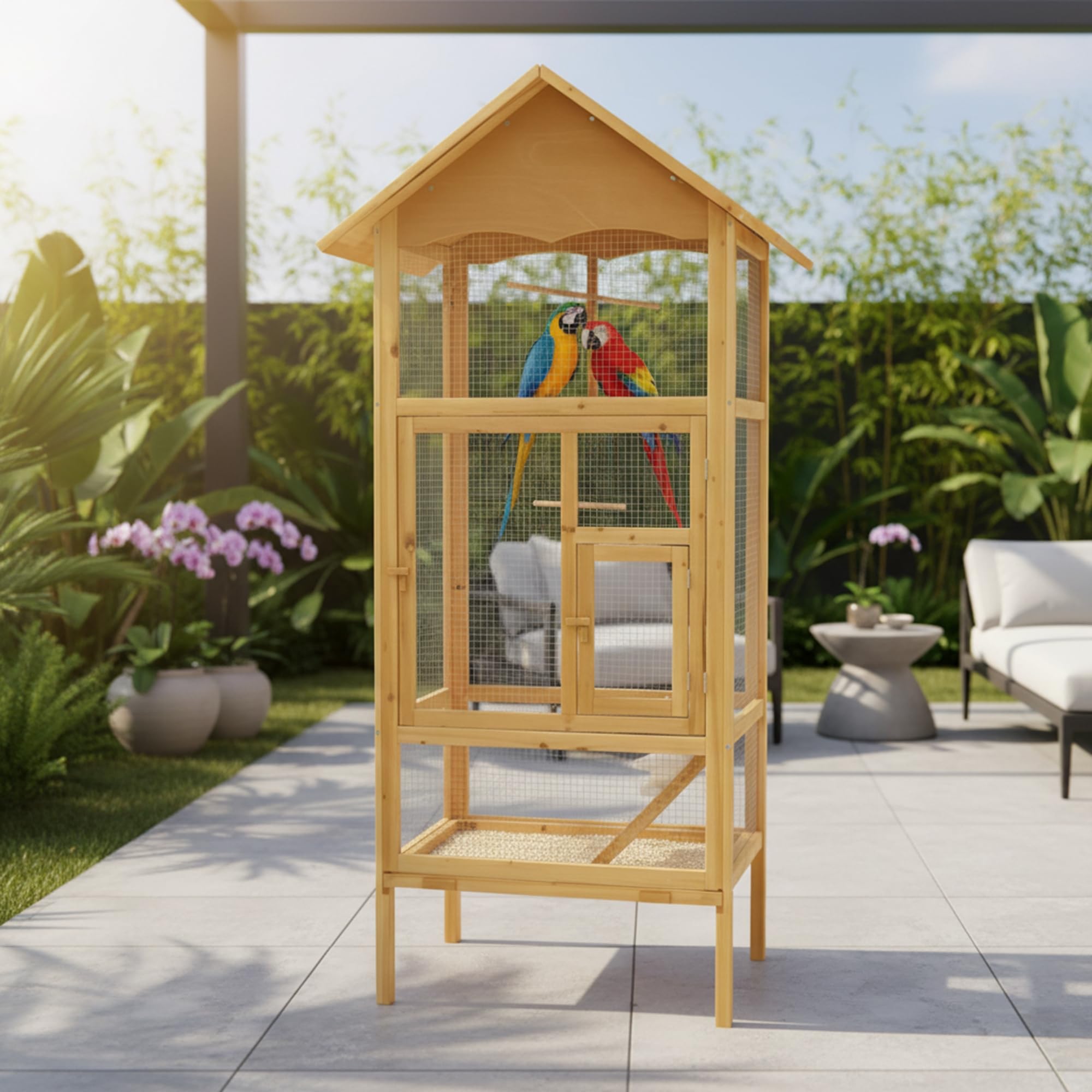 Mucola Vogelvoliere Holz großer Vogelkäfig mit 2 Türen Vogelhaus mit Sitzstangen, Leiter und Kotschublade Außenvoliere 74 x 74 x 194 cm Zuchtkäfig Vogelhaus