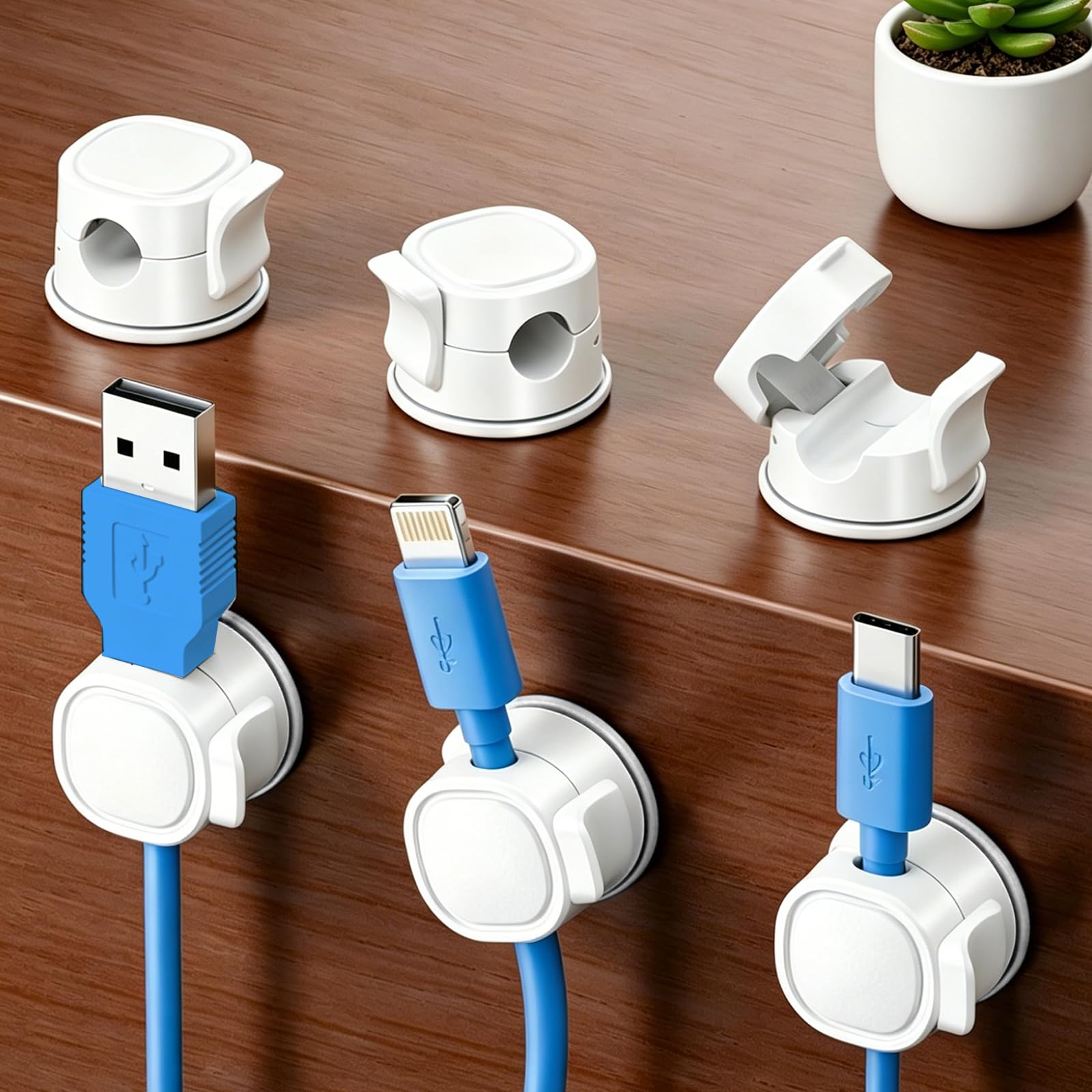 Rayakt 6 Pack 360° Rotatable Spring Cable Holder Clips, No-Residue Magnetic Cord Organiser, Desk Wire Keeper for Phone Charger, USB, HDMI, Car, Office, Nightstand, Home (White)