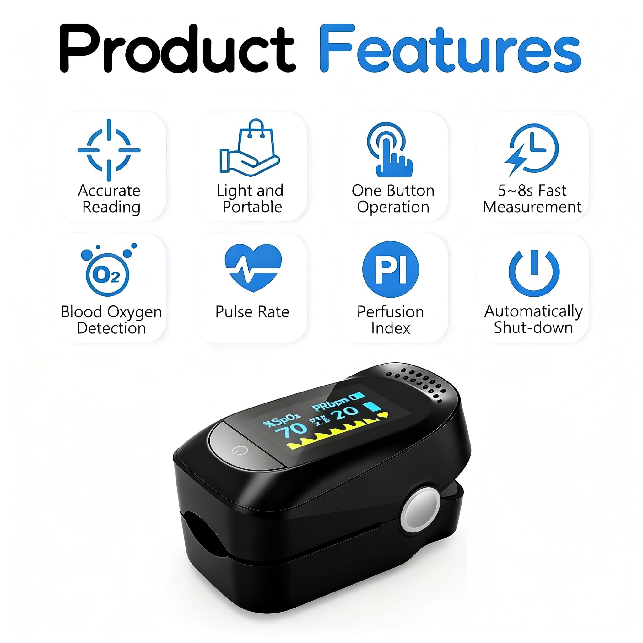 Finger Pulse Oximeter| Accurately Measures Blood Oxygen Saturation|Heart Rate Monitor,Auto-Rotating OLED Screen for Home Use, Sports, Aviation & Health Monitoring — view 2