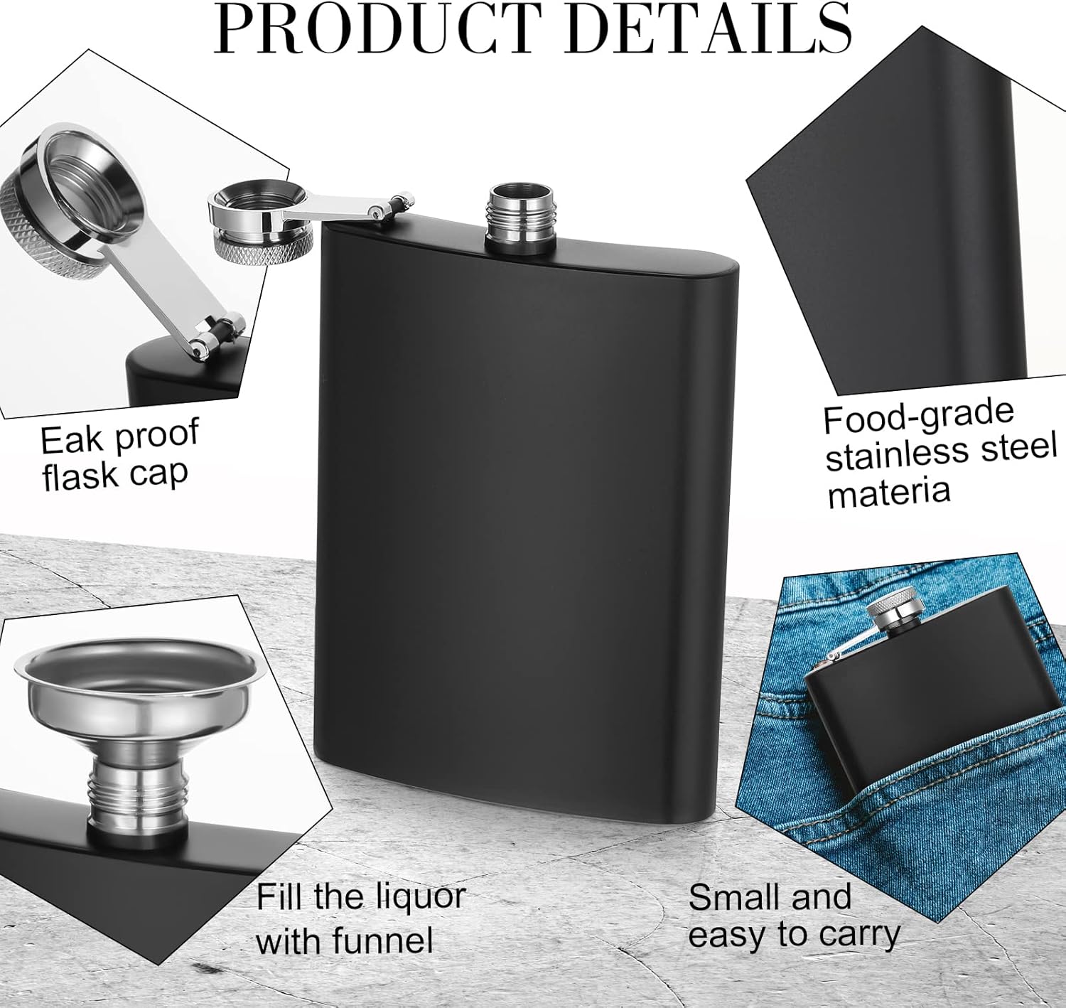 Hoolerry 30 Pieces Hip Flasks Set Stainless Steel Liquor Flask with Funnel Metal Leak Proof Flask Pocket Whiskey Flasks for Men Women Bridesmaid Wedding Party Supplies (Matte Black, 8 oz) - Image 3