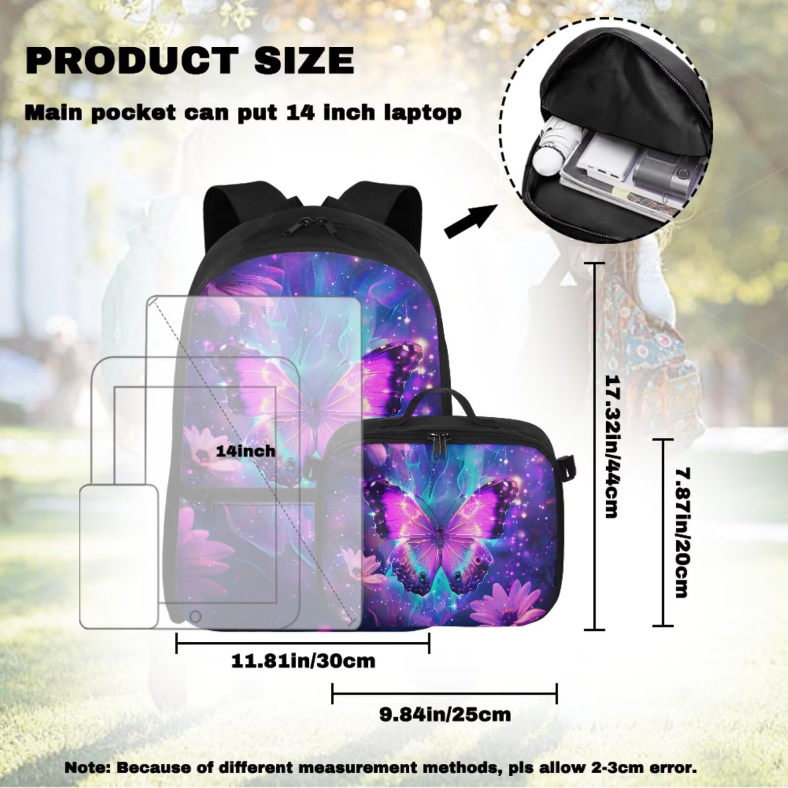 COEQINE Mochila escolar para niños, juego de mochila escolar con fiambrera, estuche para lápices, llavero, bolsa de libros para niñas de 4 a 12 años, Mariposa púrpura galaxia nebulosa, M, Diseñador