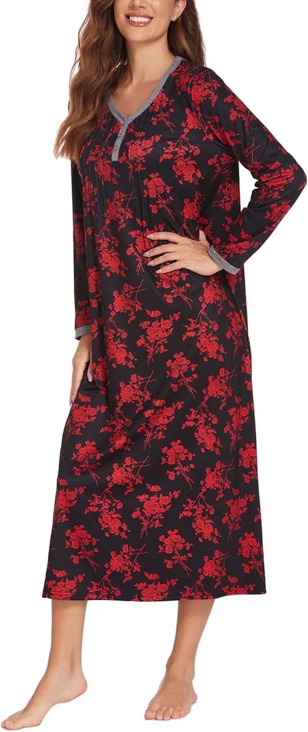 Ekouaer Women's Long Sleeve Nightgown Full Length Sleepwear Long Sleepshirts Henley Sleep Dress S-4XL - Image 3