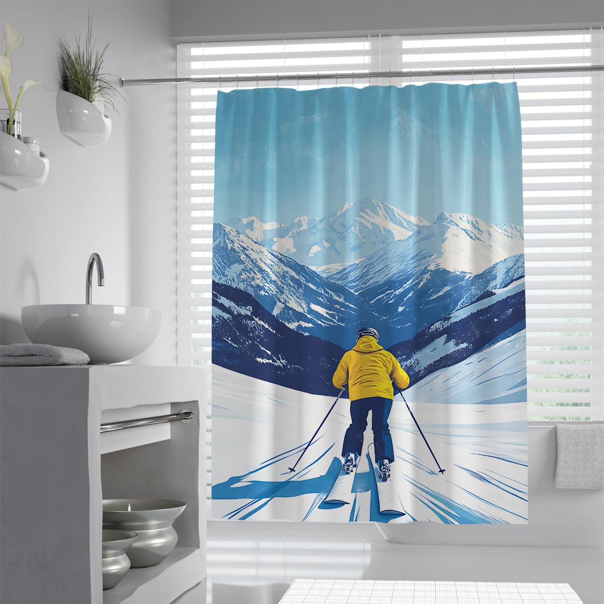 Zmywalne zasłony prysznicowe W200 x szer. 200 cm Narciarstwo Skier Snow Mountain Winter Nature wzór mokry wodoodporny zestaw zasłon prysznicowych z haczykami
