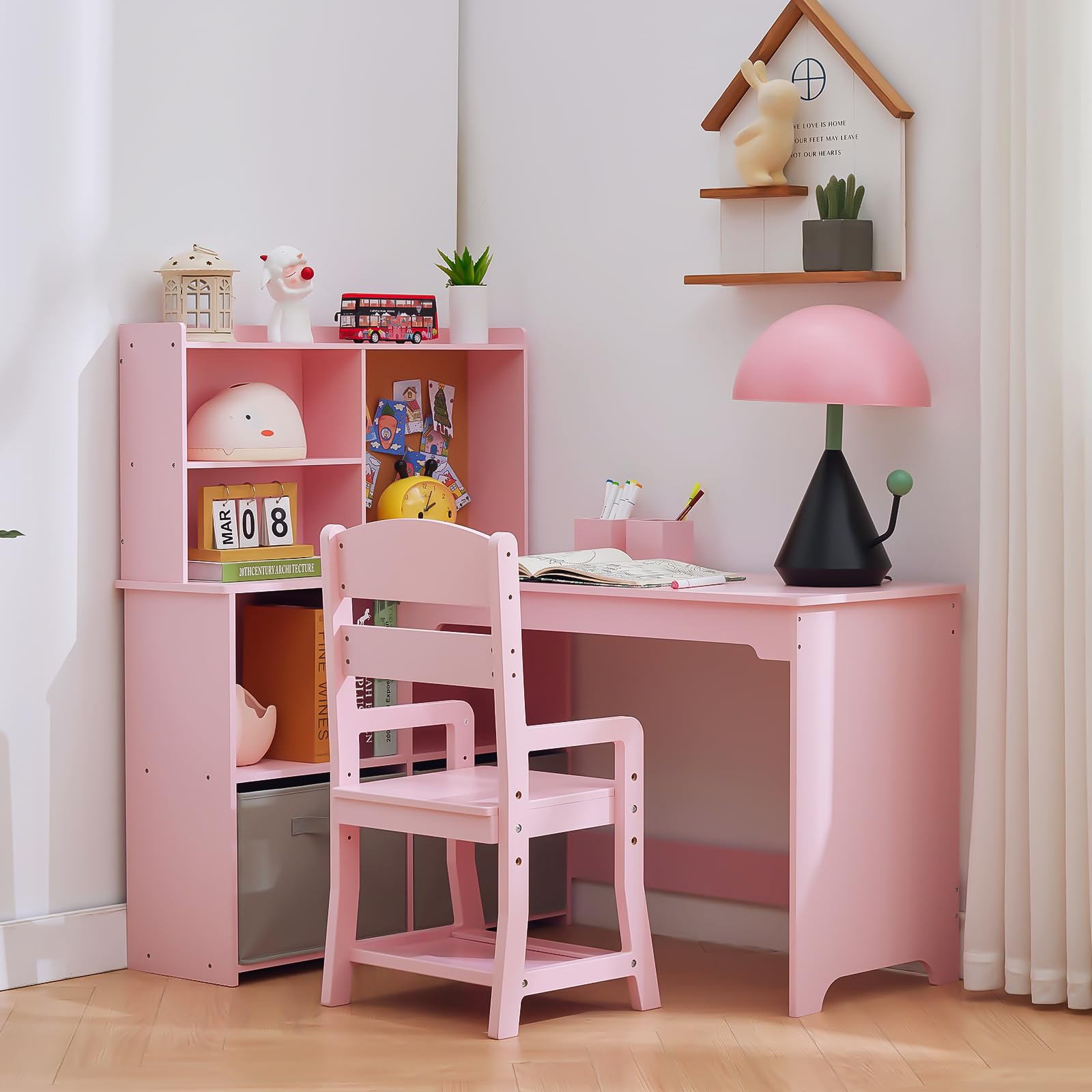 Bureau d’Angle Enfant élégant Avec Chaise Ergonomique 3-10 Ans Fille Garcon | Table d'étude L Avec Miroir,Etagères,Tableau d'Affichage,Tiroirs en tissu,Rangement Ensemble Complet Pour Etude Et Créativité