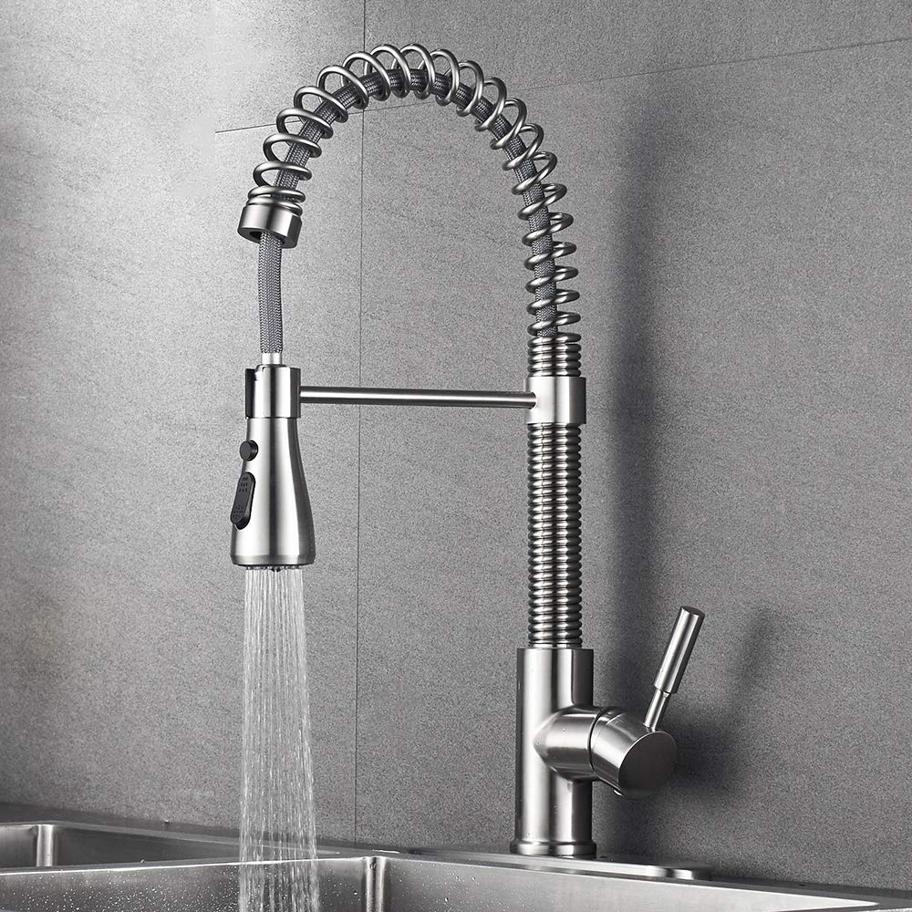 Robinet de cuisine mitigeur à ressort unique en nickel brossé pour évier eau chaude et froide
