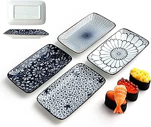 4 Piece Japanese Style Sushi Plate Set,5.5inch Ceramic Rectangular Platters Serving Trays Set for Salad, Dessert, Sushi, Party, Side Dish
