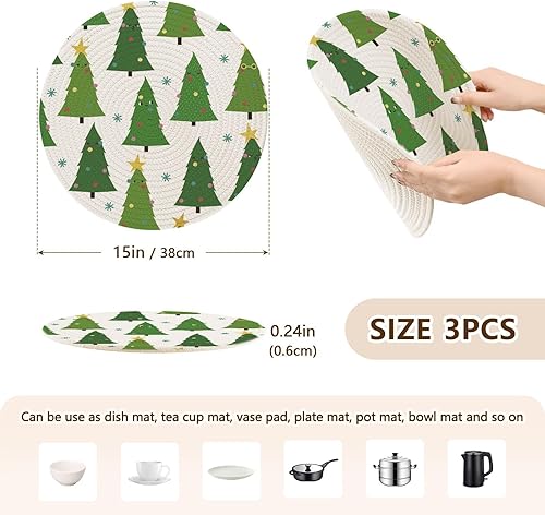 Miniatura 2 de 3 Pcs Extra Large Trivet Mat Funny Christmas Trees Characters Pattern for Hot Dishes 15in Cotton Thread Weave Pots Pans Set Holder for Crock Pot
