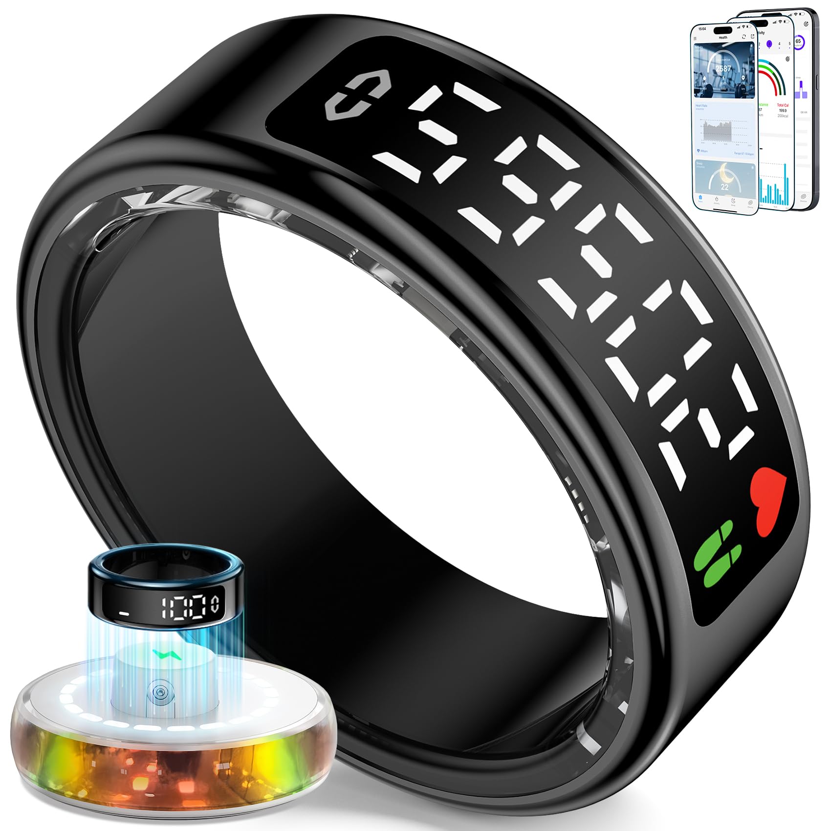 Smart Ring per Uomo Donna, 2026 Anello Smart con Schermo LED, IP68 Impermeabile, Anello Intelligente per Fitness con Frequenza Cardiaca/HRV/SpO2/Sonno, Compatibile con iOS/Android