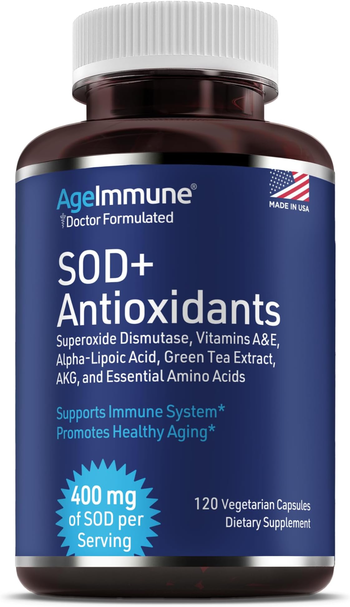 - SOD Antioxidants Complex Healthy Aging Supplement - 400mg of Superoxide Dismutase - Alpha Lipoic Acid - Green Tea Extract - L-Arginine - Lysine - AKG - Vitamins A and E for Immune Support-120 Capsules