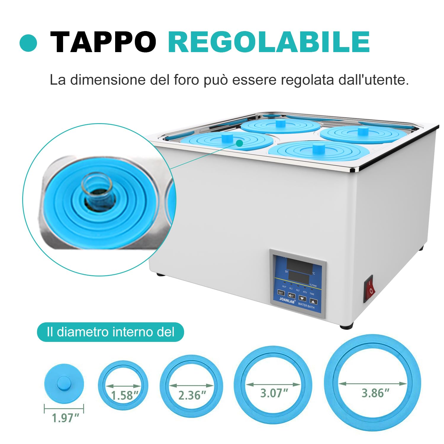 JOANLAB Bagnomaria da Laboratorio 12L, 800W - Quattro Aperture, Acciaio Inox - Termostato Digitale ±0,1°C - Timer 0-99 Min - Display LED