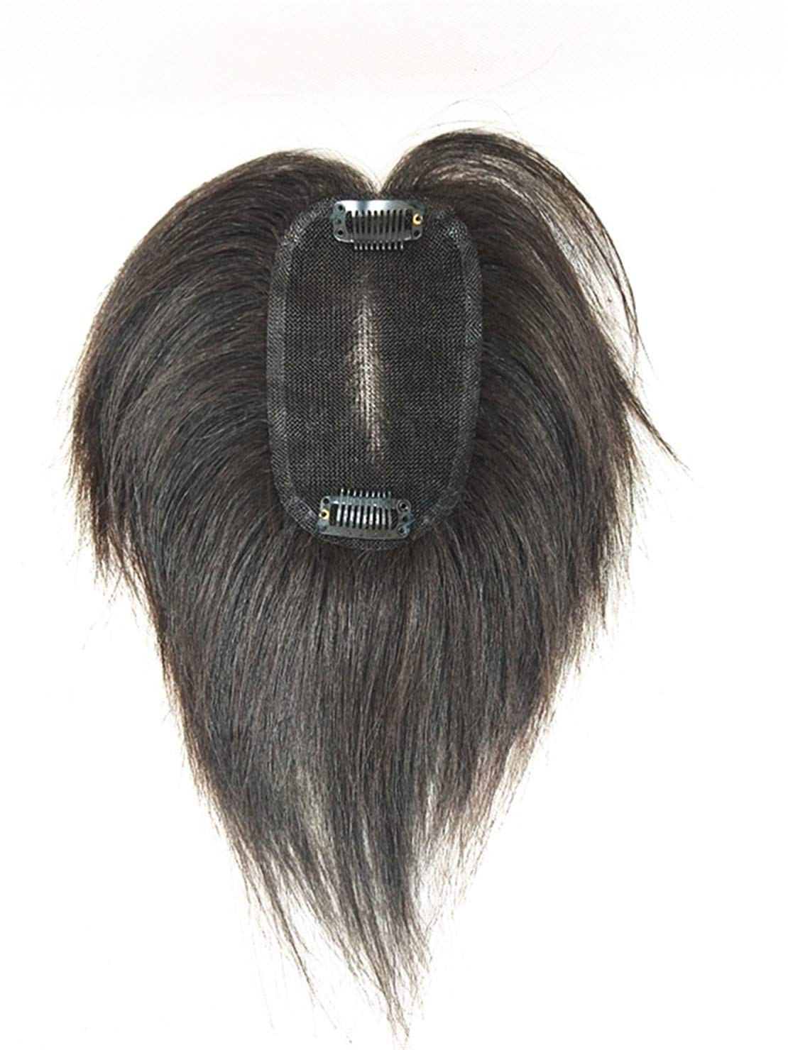 Clip in Topper Human Hair with Black Base 6" Curly Crown Topper Hairpieces for Women, Dark Brown