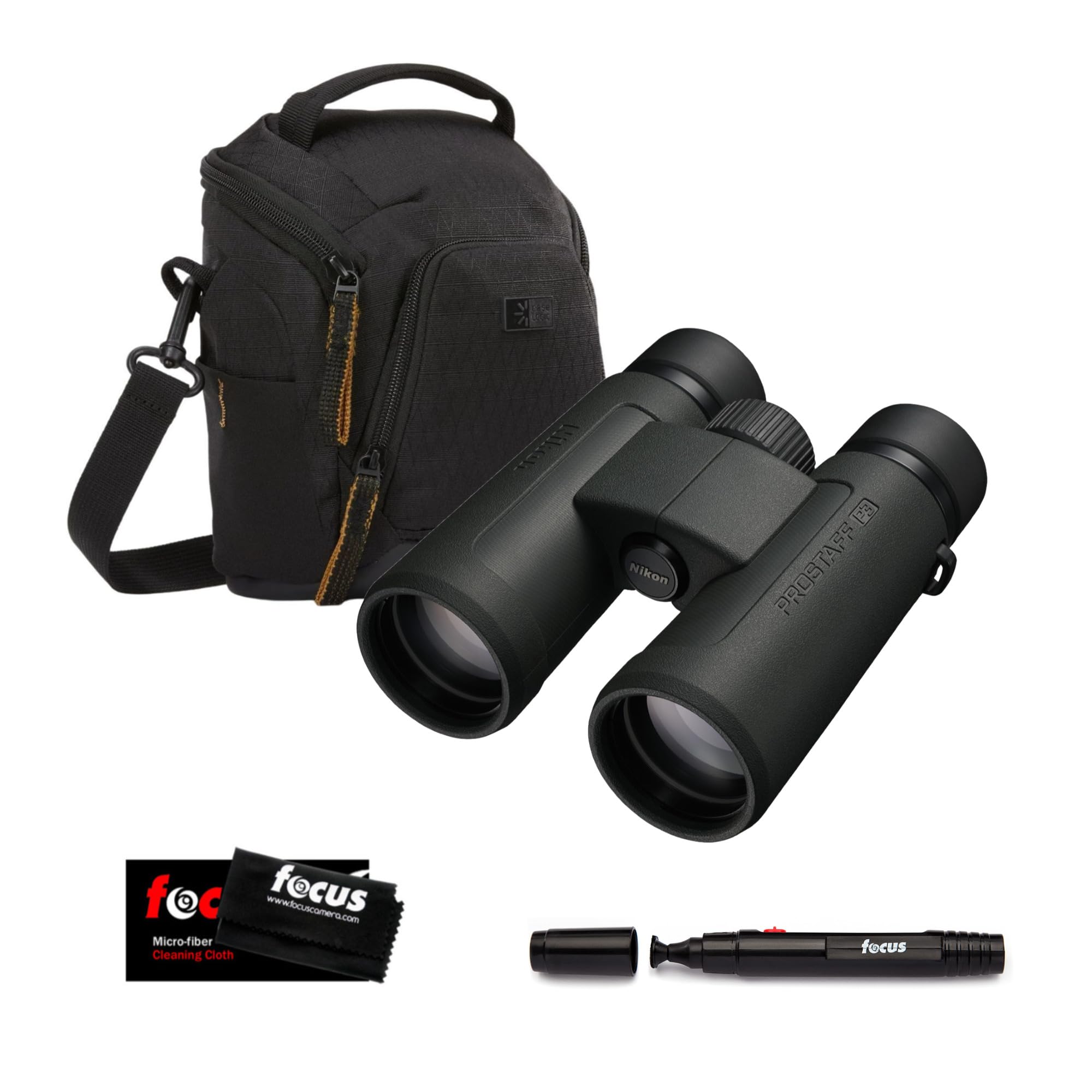 Nikon Prostaff P3 10X42 Binoculars Bundle with DSLR and Mirrorless Camera Shoulder Bag (Black), Focus Lens Cleaning Pen, and Focus Microfiber Cleaning Cloth (4 Items)