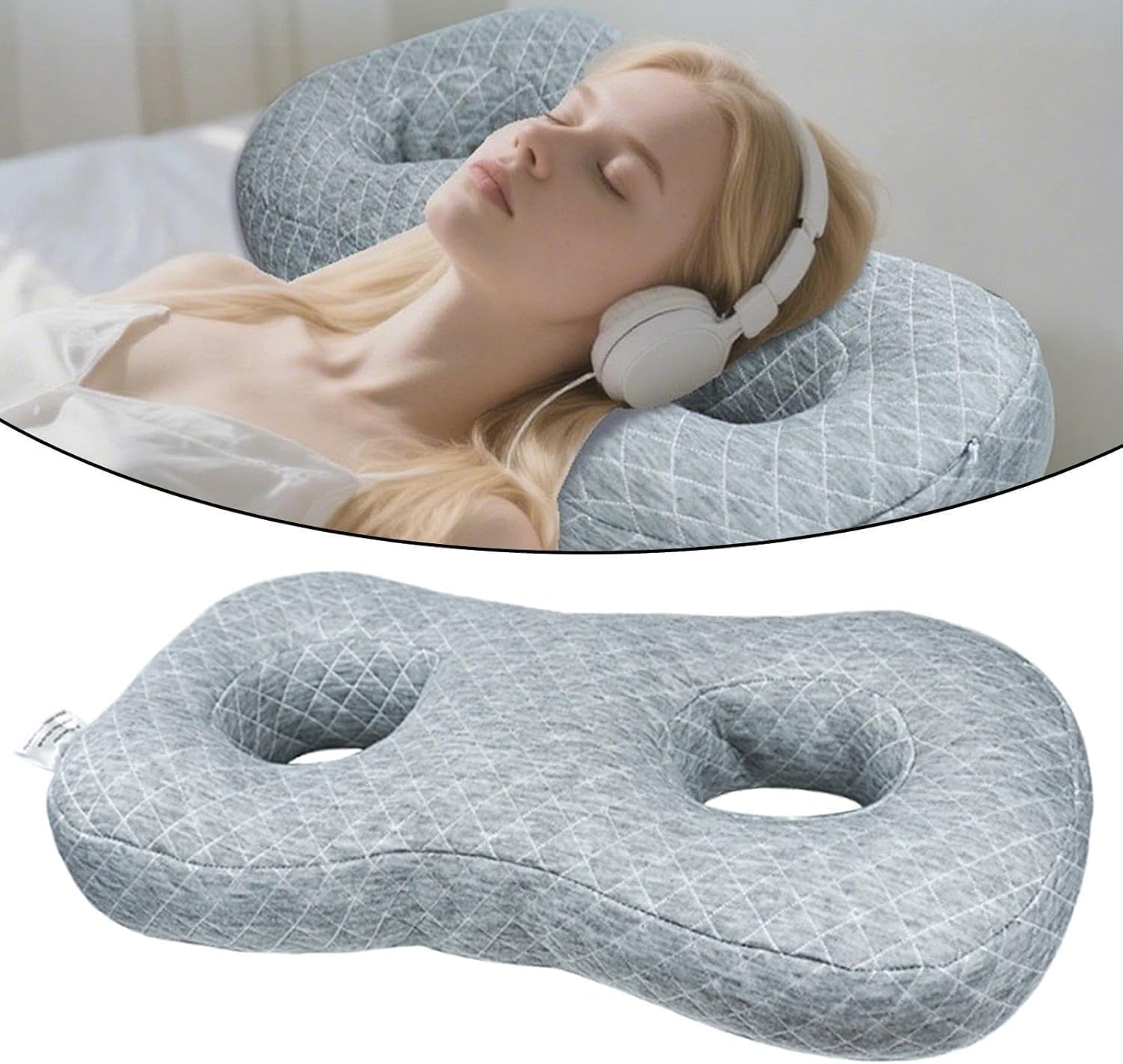 Comfortable Pain Relief Ear Piercing Pillow - Supportive Blue Healing Cushion for Fast Recovery - Openings Design, 19.69x10.24x3.54 Inches Gray Grid 19.69x10.24x3.54inch