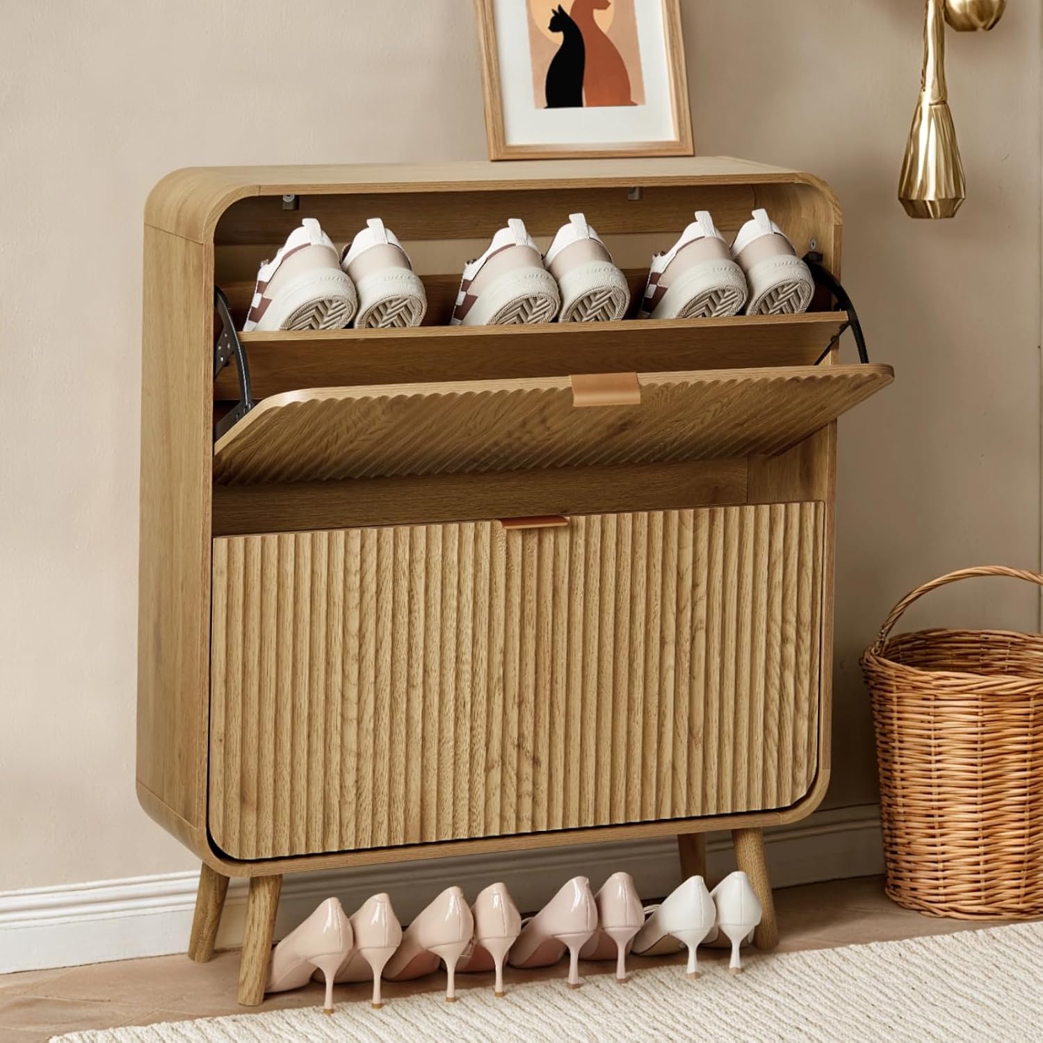 31.5" Fluted Shoe Cabinet with 2 Flip Drawers, Slim Freestanding Shoe Cabinet Organizer, Narrow Shoes Storage Rack for Entryway (Walnut)