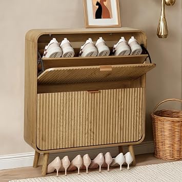 31.5" Fluted Shoe Cabinet with 2 Flip Drawers, Slim Freestanding Shoe Cabinet Organizer, Narrow Shoes Storage Rack for Entryway, Walnut