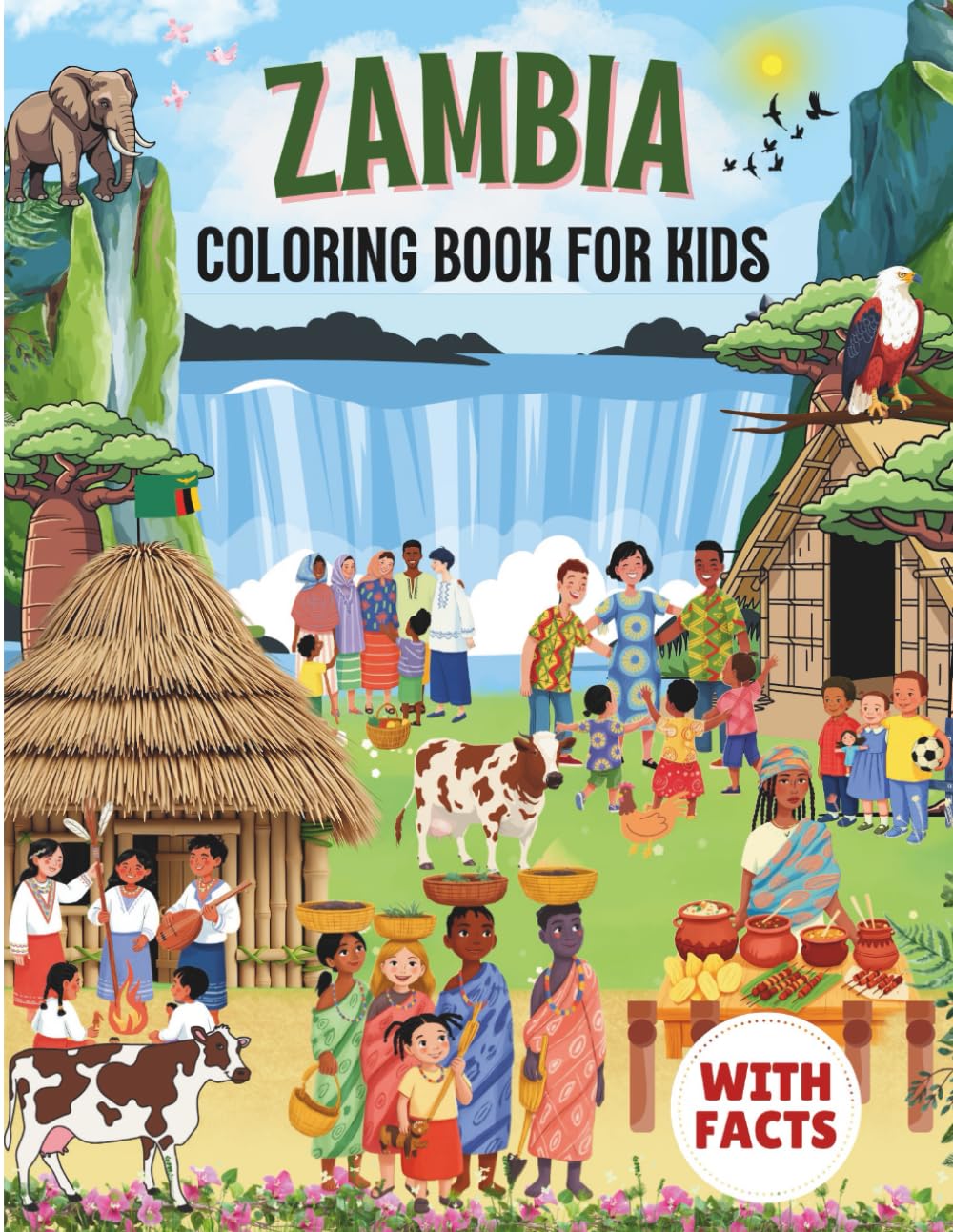 Zambia coloring book for kids with facts