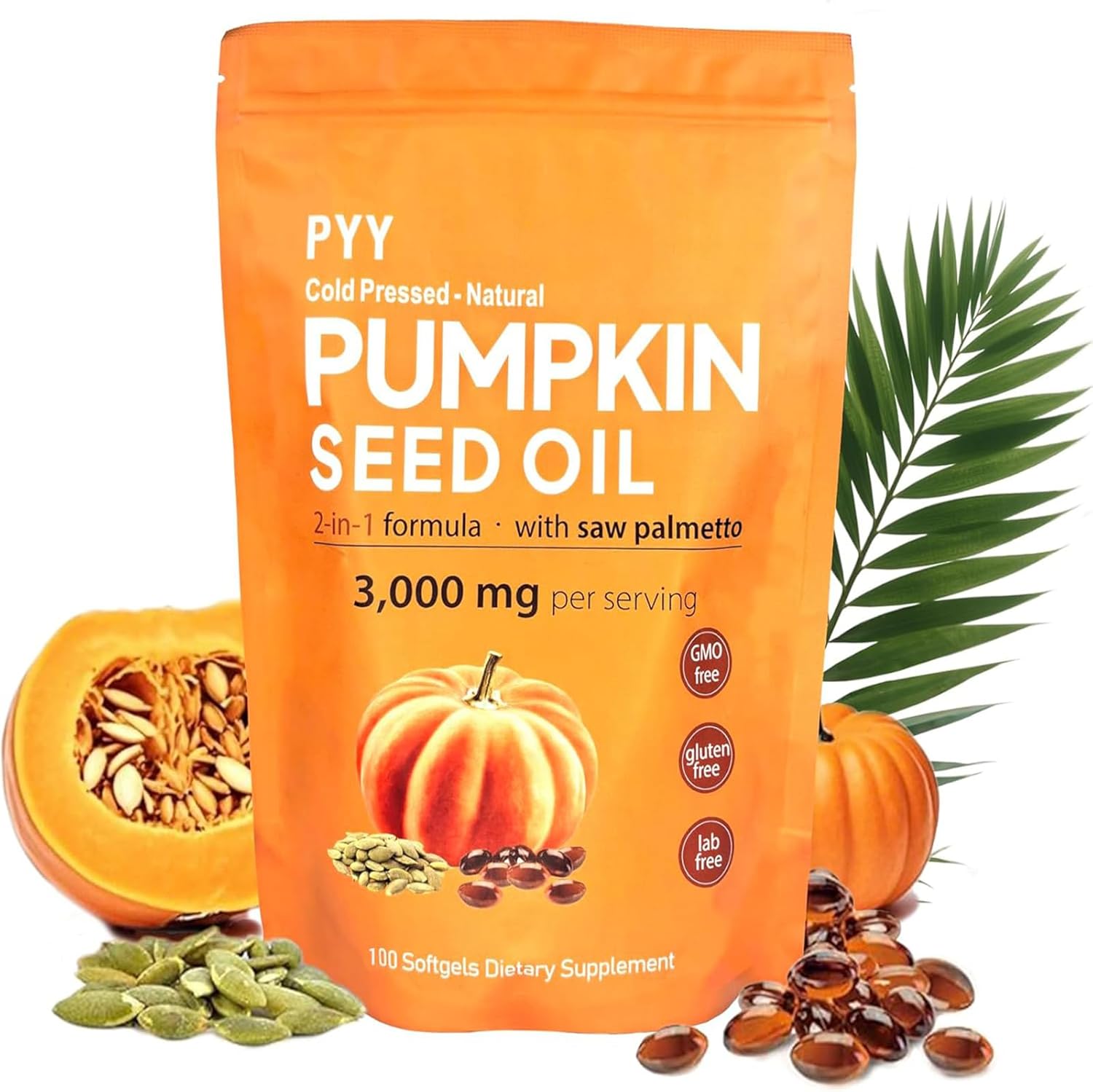 PYY Cold-Pressed Pumpkin Seed Oil & Saw Palmetto Softgels | 100 Softgels | Rich in Essential Fatty Acids & Phytosterols | Promotes Healthy Hair, Urinary Function, Bladder & Prostate Support
