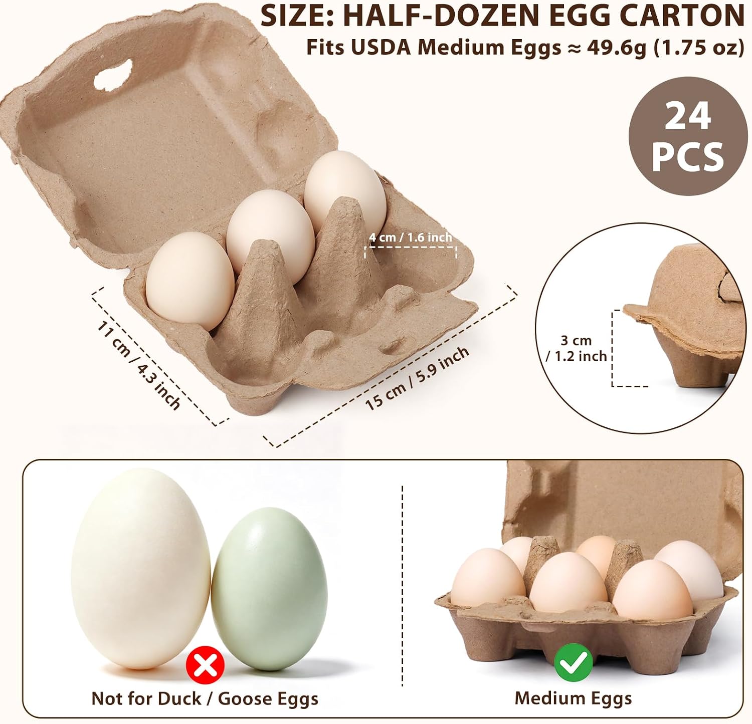 24-Pack Half Dozen Egg Cartons, Bulk 6 Count Cardboard Egg Cartons Reusable, Empty Paper Pulp Chicken Eggs Carton for Farm Market Display, Home Storage & Gift Giving