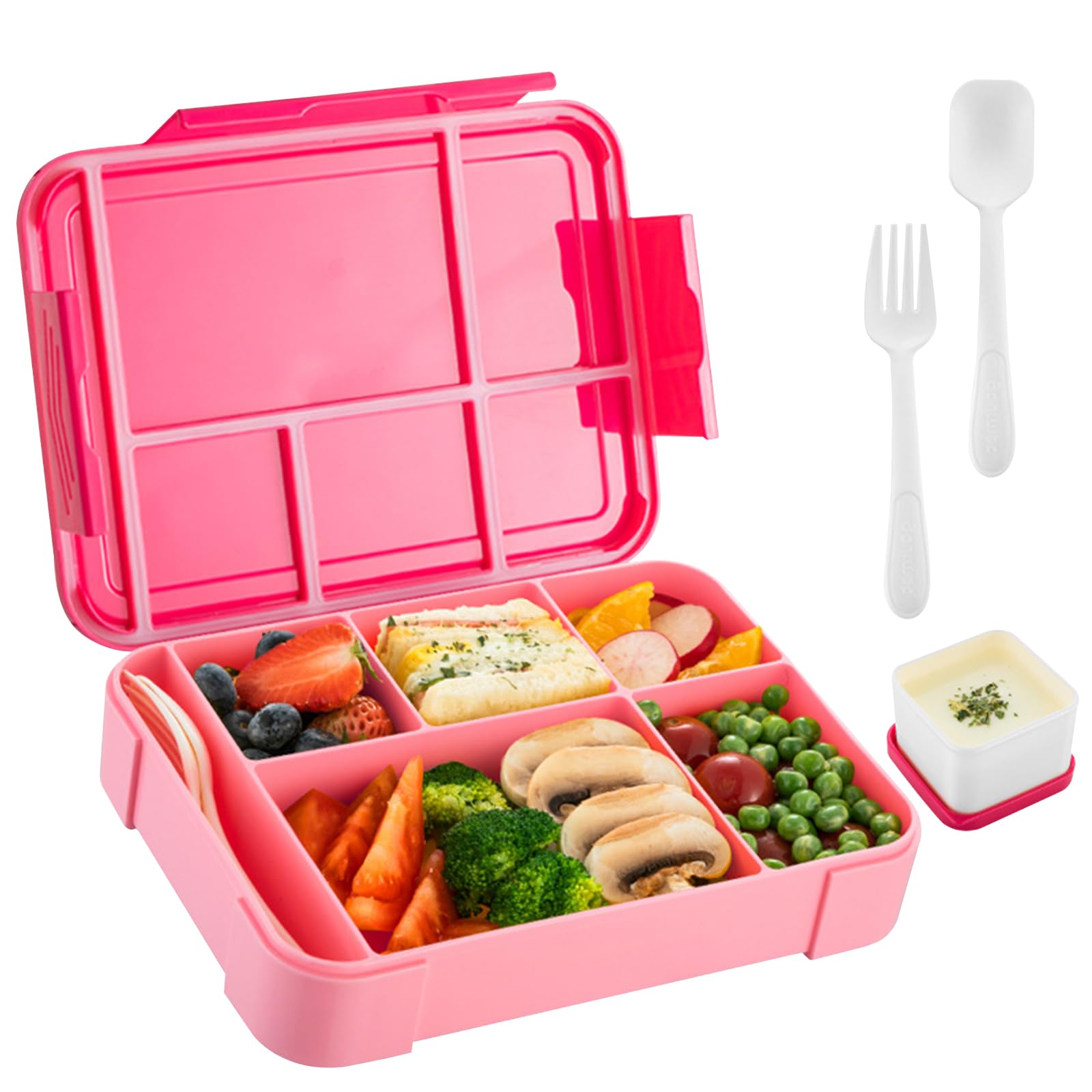 Bento Lunch Box for Kids & Adults - Lunch Container with Sauce Jar, Spoon & Fork 5-Compartment, Leakproof Lunchbox Microwave and Dishwasher Safe BPA-Free with Dividers for Adults Kids (Pink) - Pink