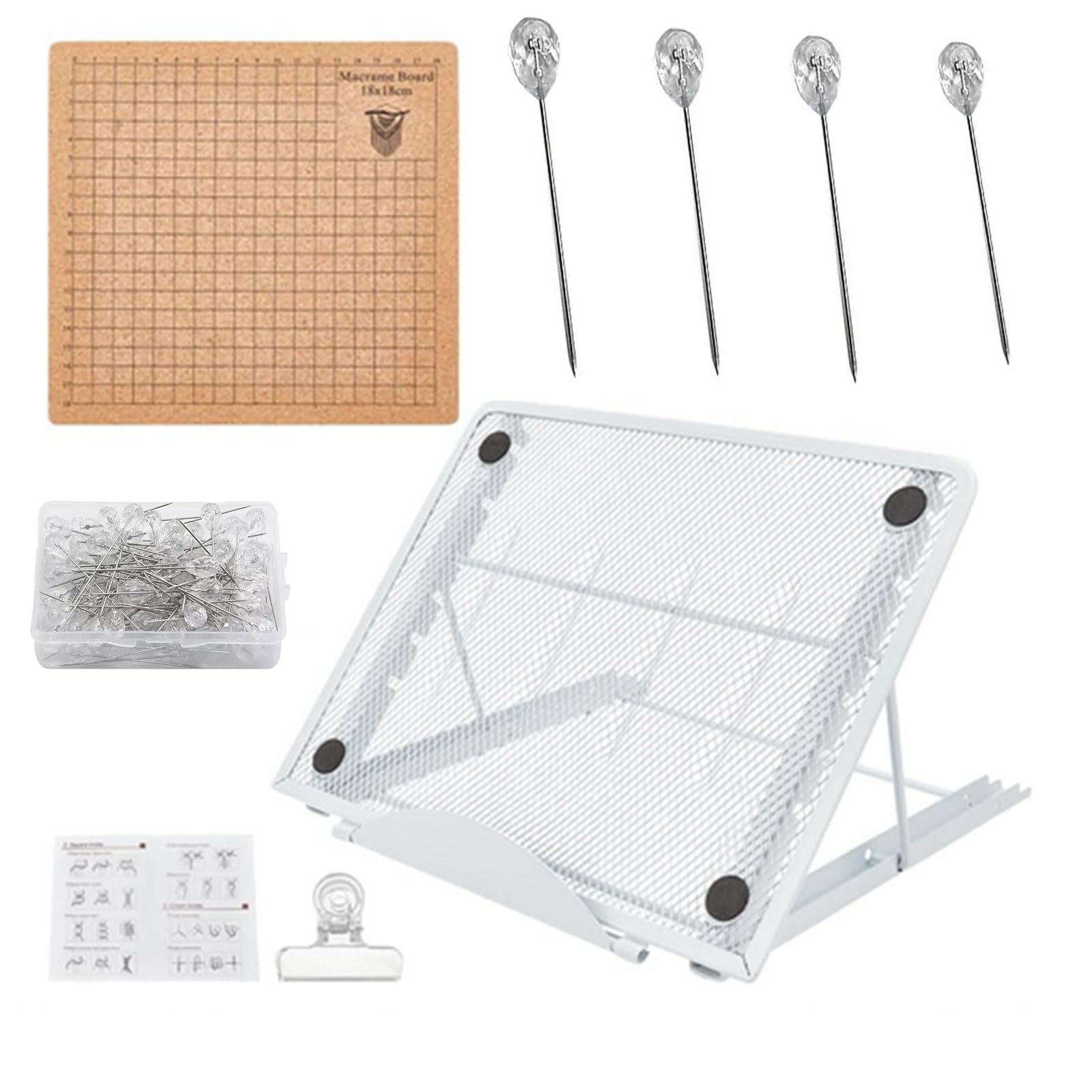 ZIXIANGKEJI 18x18cm Macrame Board Set Double Side Macrame Board with 100 pins, and 2 Clips and 6-Speed Adjustable Metal Stand for DIY Knotting Creation(C4-1)