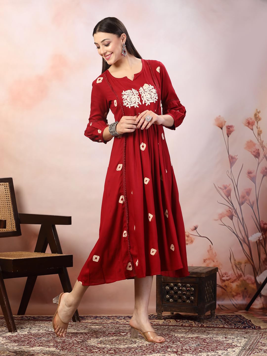 Stylum Women's Bandhej Printed & Embroidered Rayon Maxi Dress (Drsmaroonrose42_Maroon, Xl)