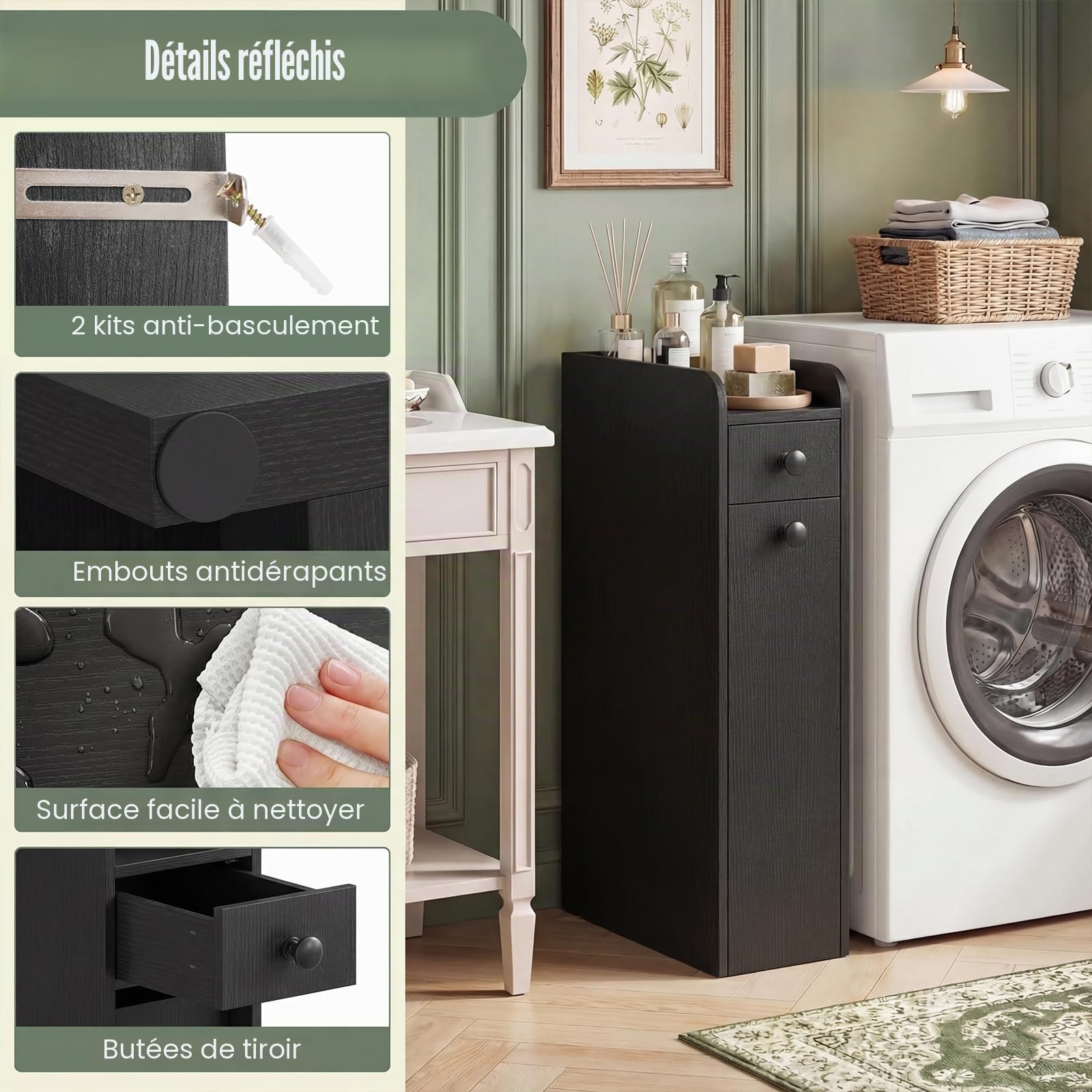 GIANTEX Petit Meuble Salle de Bain à 2 Tiroirs, Meuble WC Etroit avec 2 Roues, Dispositif Anti-Basculement, Rangement Toilette WC Petit Espace, Meuble Papier Toilette,18 x 40 x 70 cm, Noir