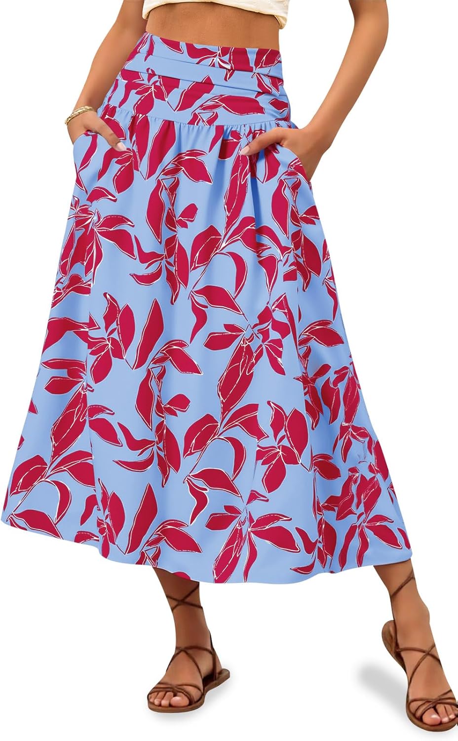 Wenrine Womens Floral Print Maxi Skirt High Waisted A Line Boho Flowy Beach Vacation Long Skirts with Pockets