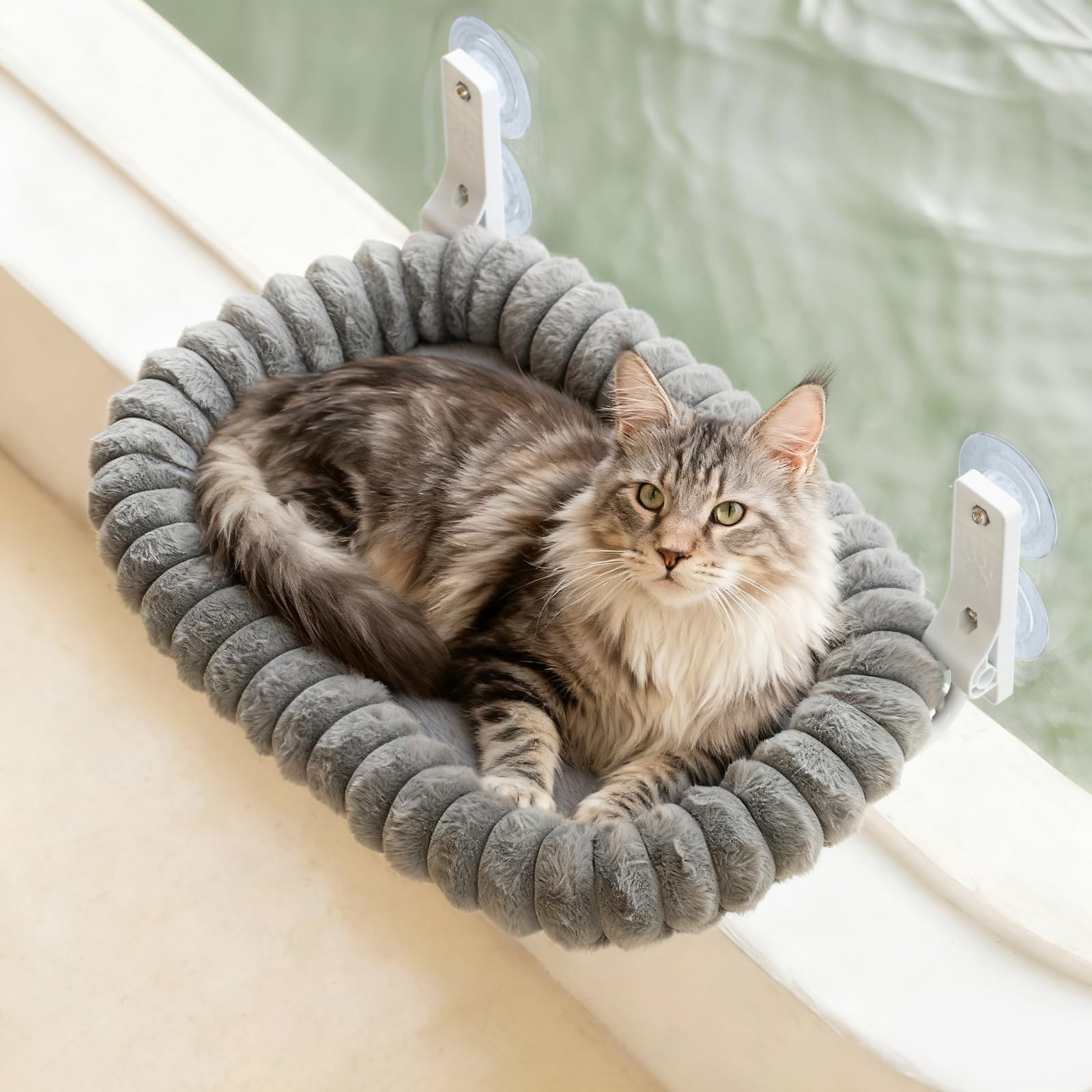 EDAGNY Stylish Cat Window Bed Hammock for Indoor Cats Foldable with Reversible Cover - 58x30cm Plush Cat Window Perch Sturdy Up to 18kg (Grey, L) โ image 1