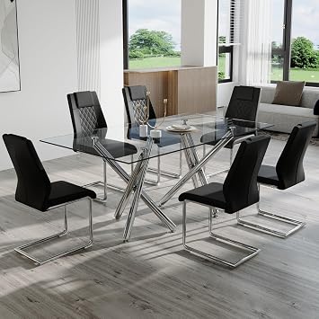 Ebullient 71 Modern Dining Table Set for 6, Tempered Glass Dining Tabletop and Silver Metal Legs, Rectangle Dining Room Table and 6 Faux Leather Chairs for Kitchen.