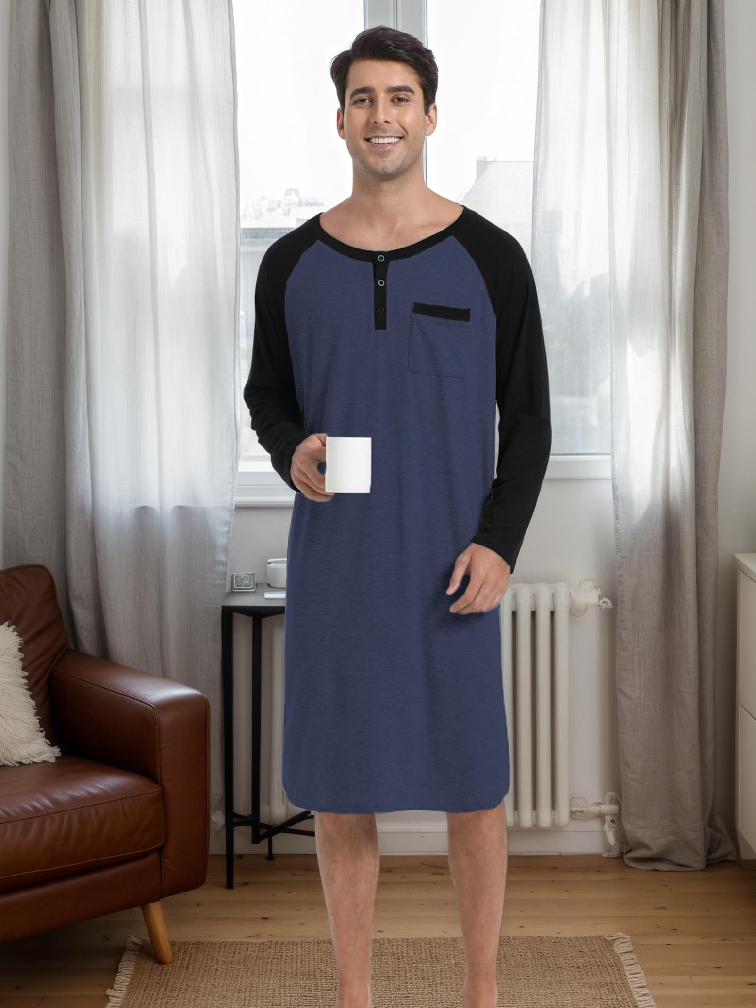 Enjoyoself Herren Nachthemd Langarm Baumwolle Langes Schlafshirt Leicht Luftig Pyjamaoberteil Nachtwäsche für Krankenhaus