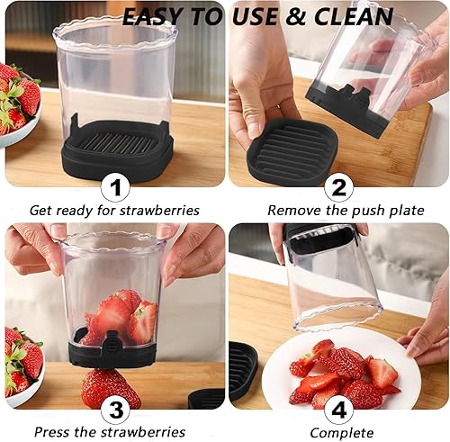 Miniatura 5 de Cortador de fresahuevo y fruta con cuchillas inoxidables para plátano, pepino, hongosABS, cortador de frutas desmontable con placa de empuje,