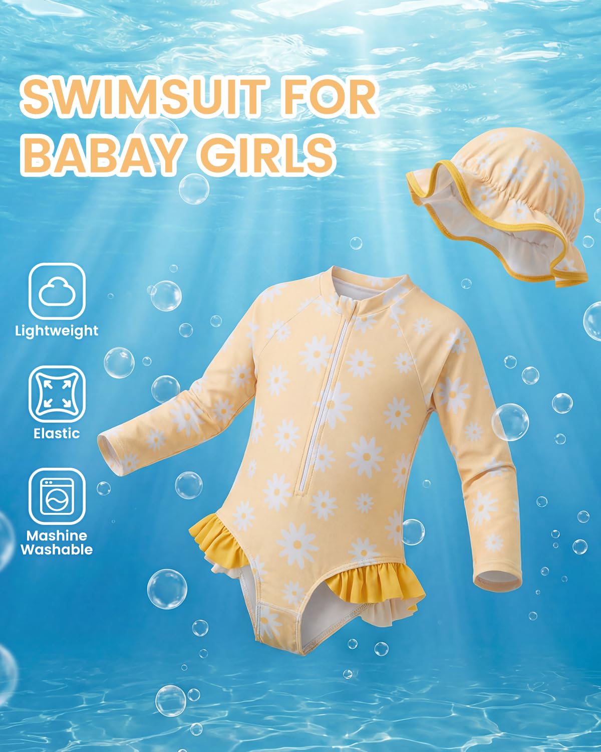WYTbaby Costume da bagno per neonata a maniche lunghe con cappello floreale con volant costumi da bagno con fondo a scatto Protezione solare Costumi da bagno per neonata 3M-3T
