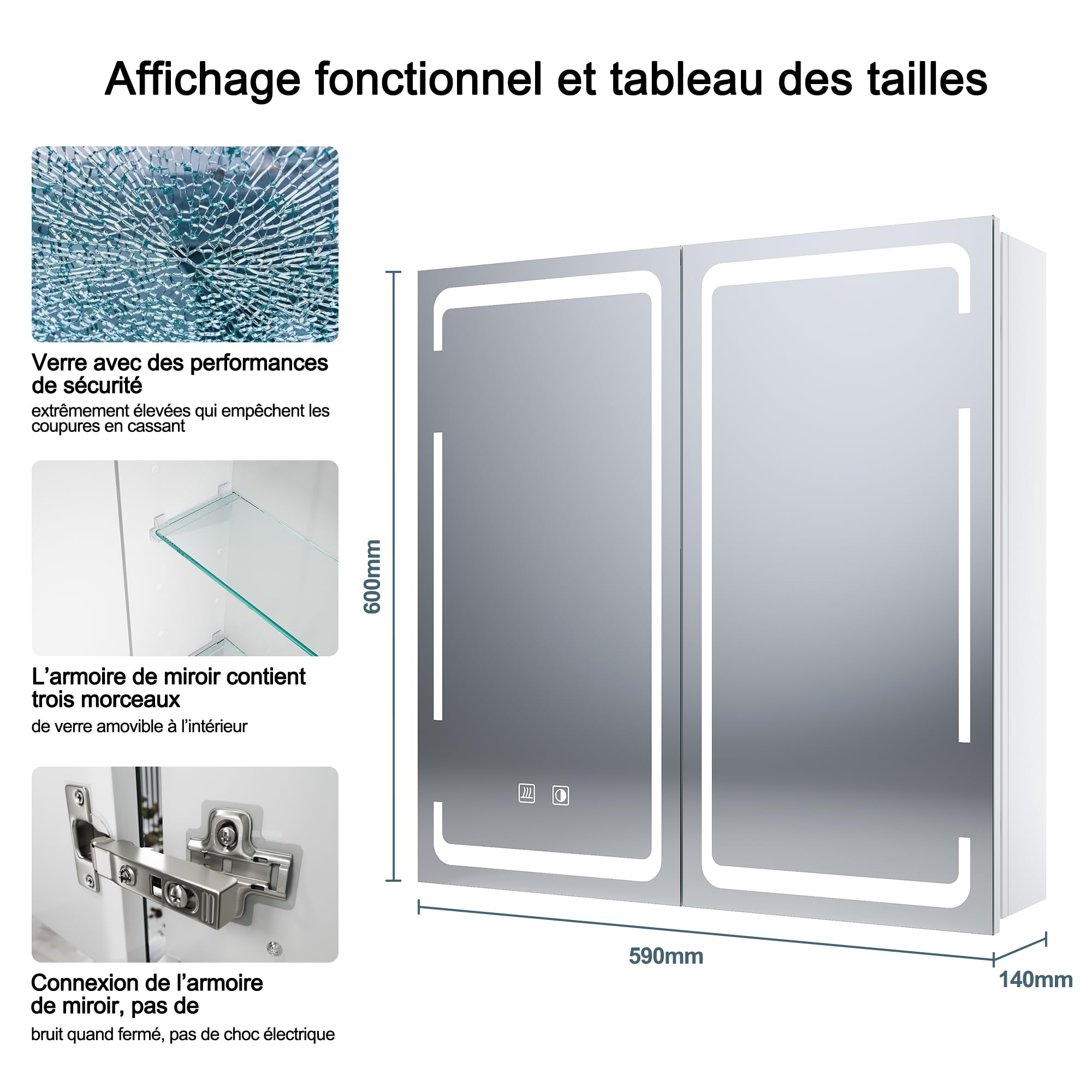 SIRHONA Armoire Miroir Salle de Bain avec Miroir, Armoire Pharmacie avec 3 Couleurs de Lumière Réglables et Anti-Buée, Armoire de Toilette avec Charnière Aans Fil, 59 x 60 x 14cm