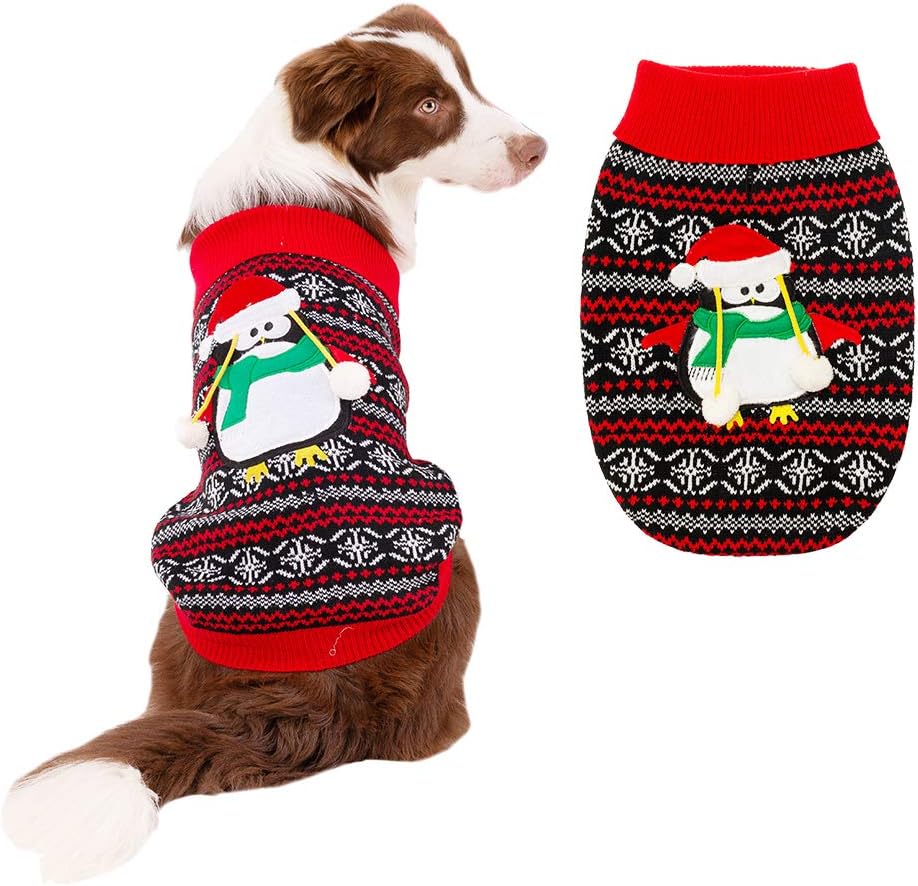 BINGPET Dog Ugly Christmas Sweater Classic Xmas Turtleneck Knitwear Sweater with Penguin Pattern, Pet Holiday Sweater Coat Winter Warm Cloth