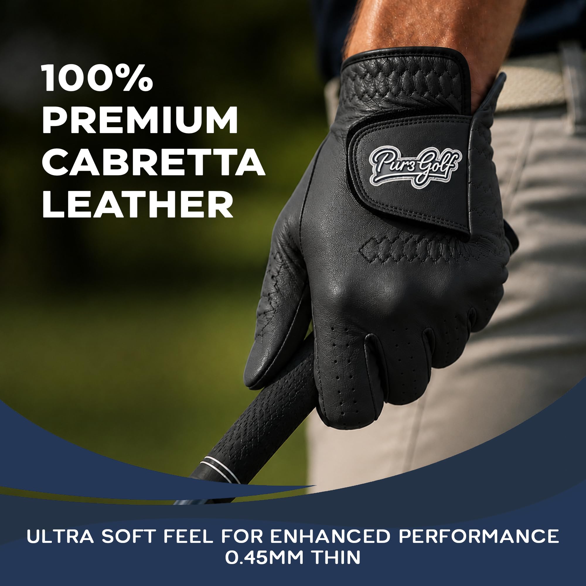 PUR3 Cabretta-Leder-Golfhandschuhe für Herren, 2 Stück, schwarze Golfhandschuhe, für Linkshänder, Größe M, L, Schwarz