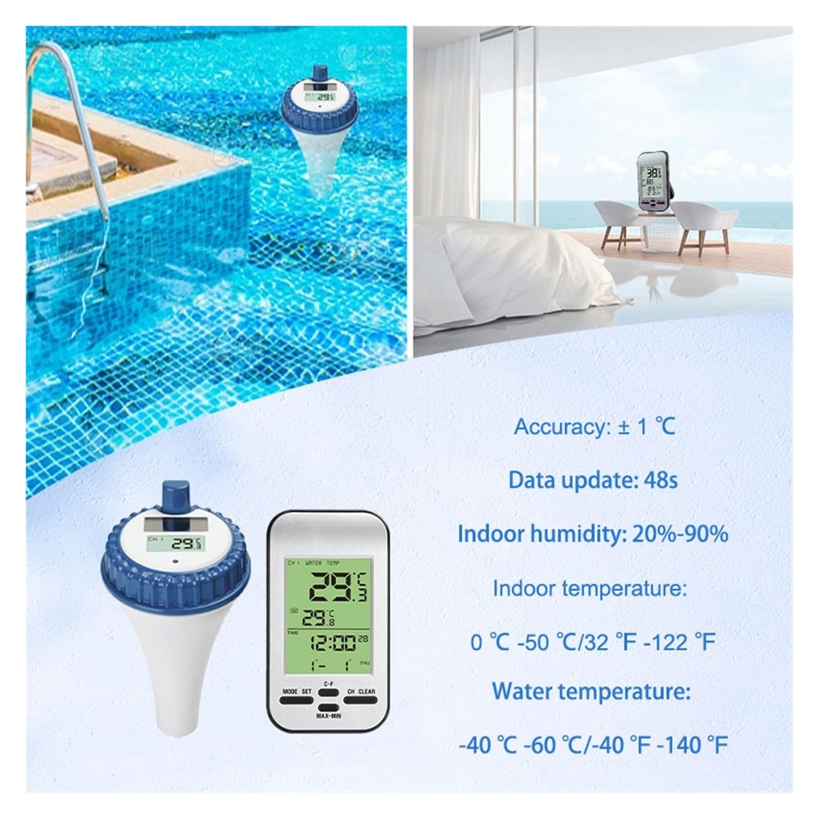 Termometr Basenowy Inteligentny Bezprzewodowy Cyfrowy Termometr Basenowy, Monitor Temperatury I Wilgotności W Pomieszczeniach, Wodoodporny Wyświetlacz LCD, Czujnik Temperatury łAtwy W UżYciu