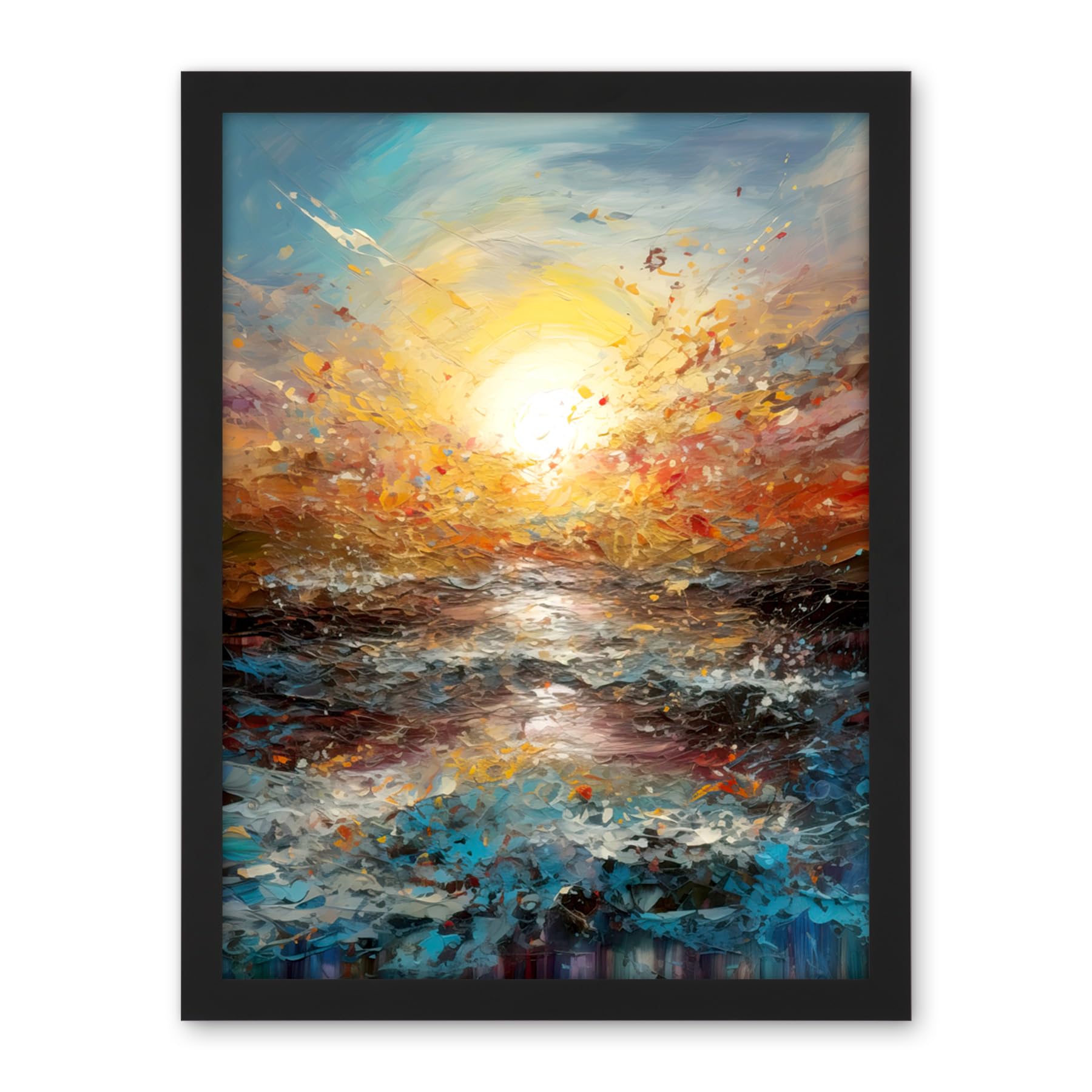 Artery8 Sunrise at Sea Abstract Seascape Splatter Art Artwork Framed Wall Art Print 18X24 Inch