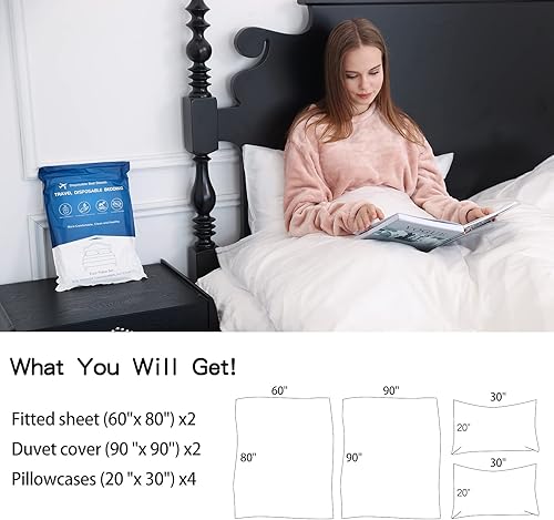 Miniatura 6 de Paquete de 2 sábanas desechables tamaño Queen, sábanas bajeras desechables con funda de edredón y funda de almohada para viajes de negocios